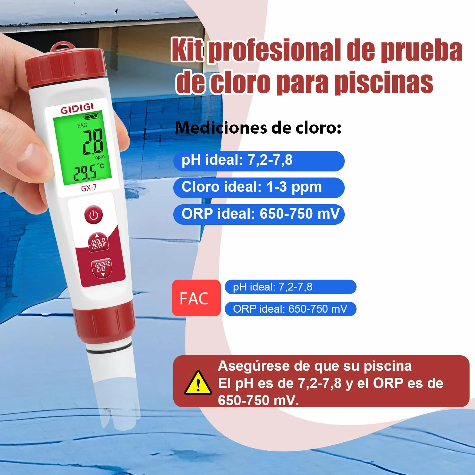 Medidor de Cloro y pH Digital 7 en 1, Comprobador de Piscina, ORP Cloro Sal EC PPM TDS