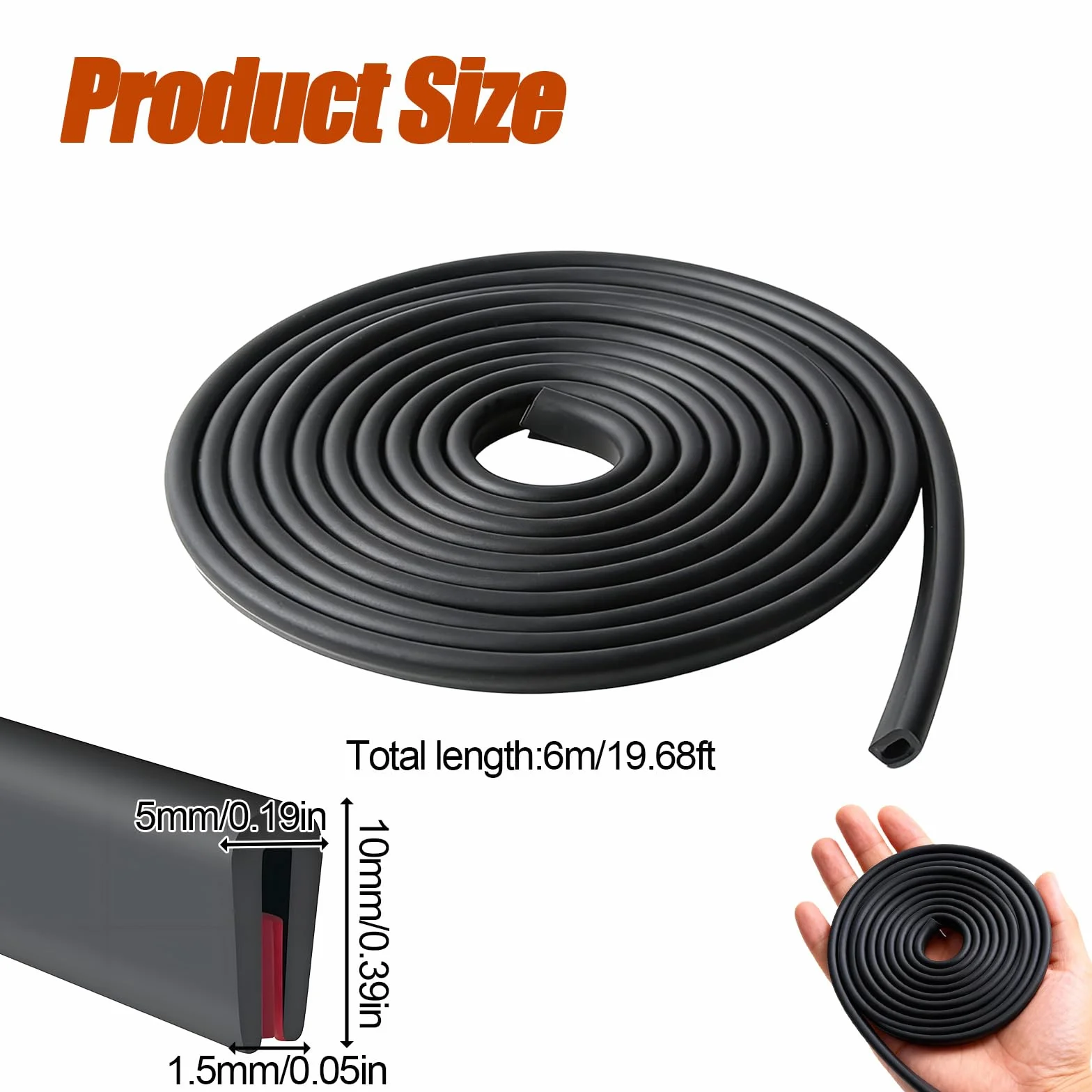 Perfil Protector de Bordes de Goma EPDM en Forma de U para Puertas de Coche 1,5 mm x 6 m