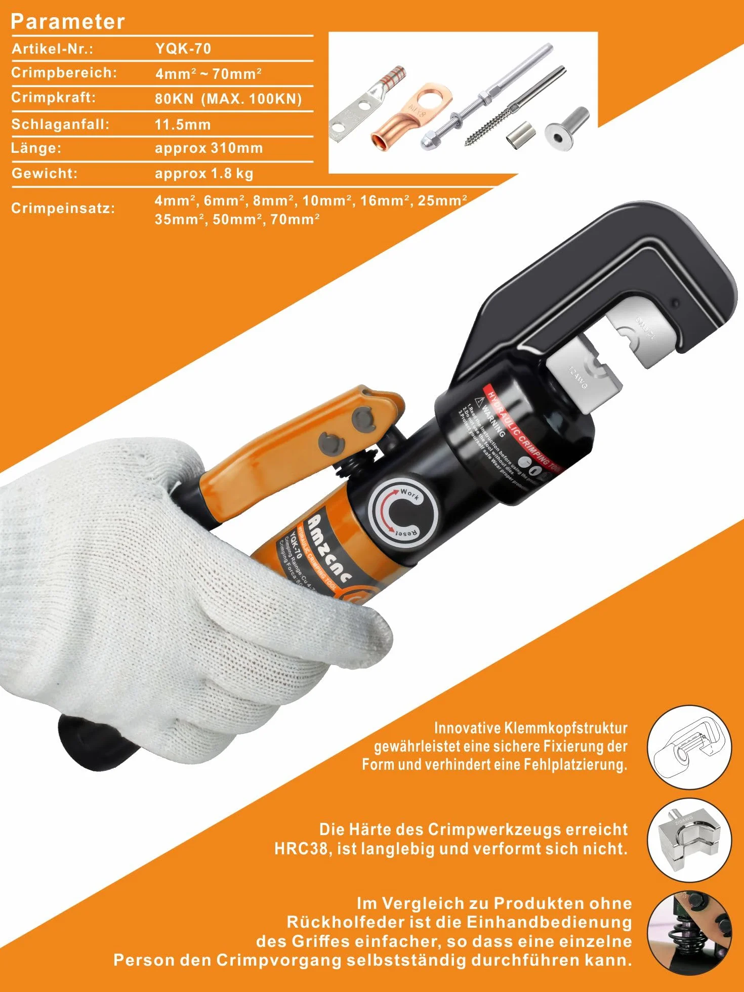 AMZCNC Pinza de engarce hidráulica 8 toneladas 4-70 mm² 9 pares matrices