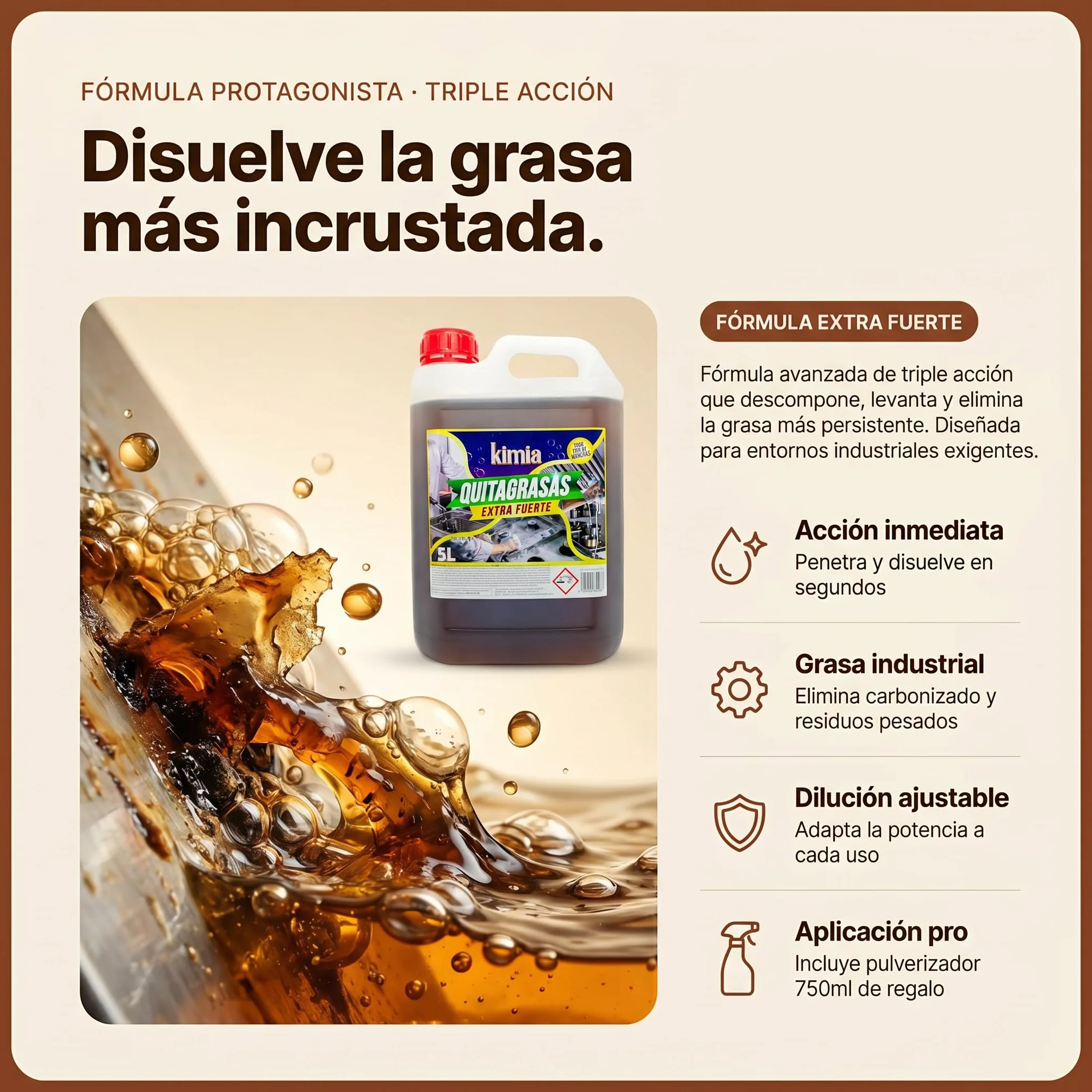 KIMIA Quita Grasas Extra Fuerte 5L + Pulverizador 750ml Desengrasante Concentrado Profesional