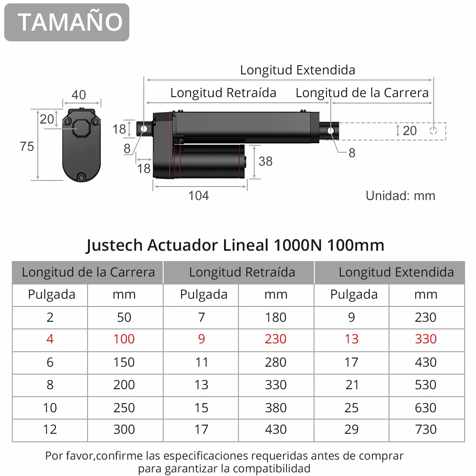Justech Actuador Lineal 1000N 100mm 12V IP65 Aleación de Aluminio