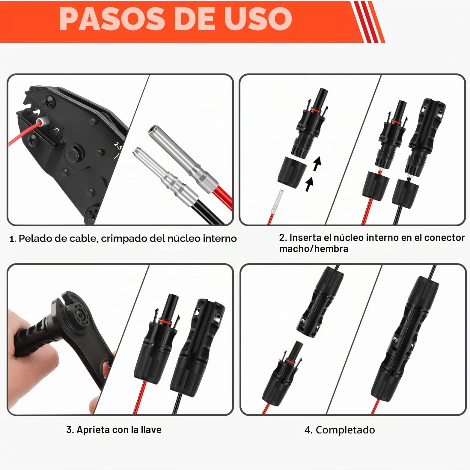 Juego de Crimpadora Solar para Cable Fotovoltaico 10 mm² con Adaptadores y Conectores Macho/Hembra