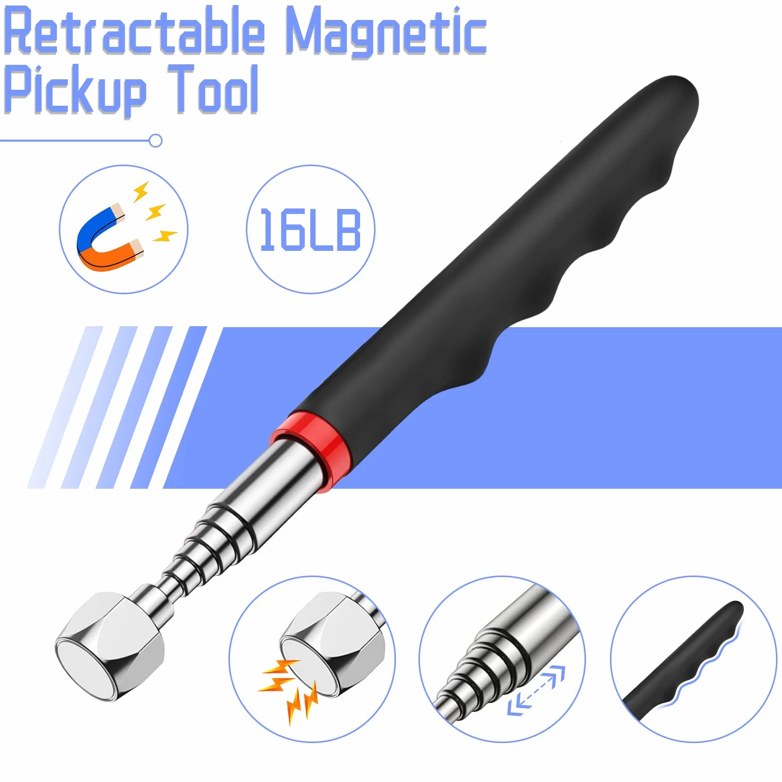 Juego Telescópico de 3 Piezas Recogedores Magnéticos para Tornillos y Objetos Metálicos 1,5 lb/8 lb/16 lb
