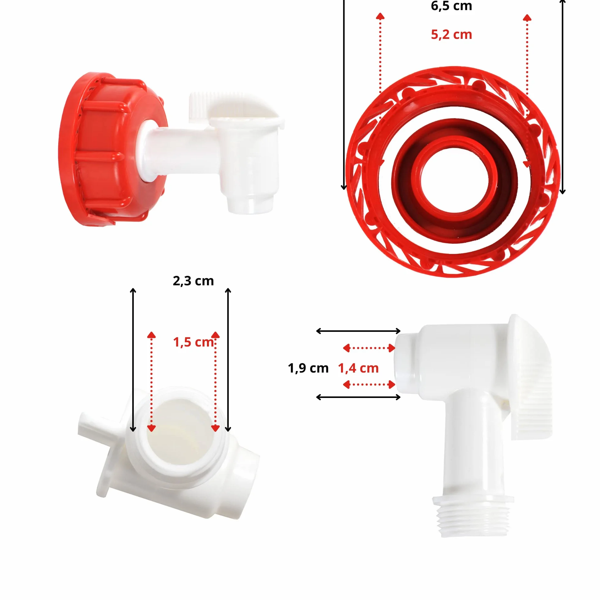 Tapón Grifo Para Envases 10-20-25 litros Rosca 60 mm Polietileno Alta Densidad Blanco Rojo Resistente Disolventes Gasolina