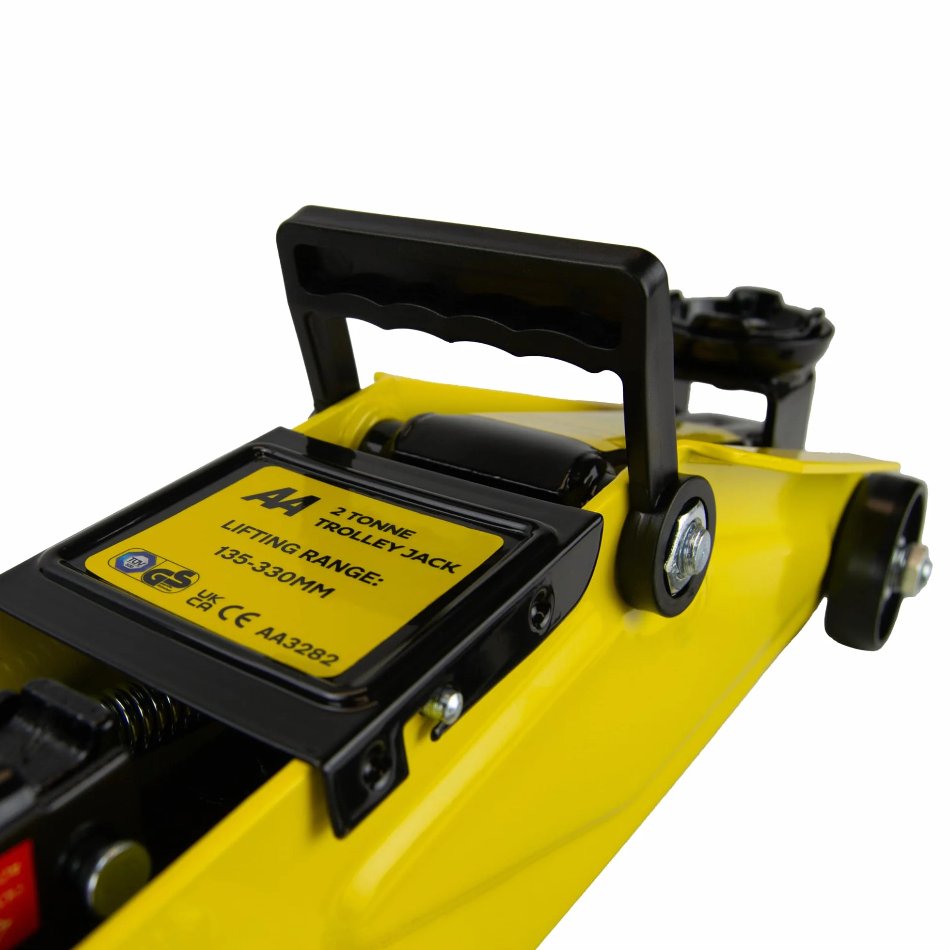 Gato hidráulico de 2 toneladas AA3282, Rango de elevación 135-330 mm, Aprobado TUV/GS, Incluye maletín, Negro y Amarillo
