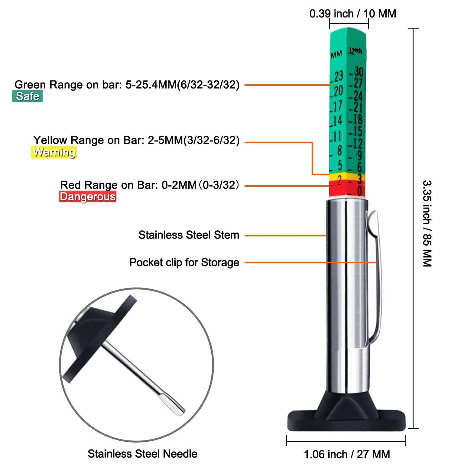 GODESON Medidor de Profundidad de Neumáticos, 6 Lados Smart Coded Color, Herramienta de Medición 25 mm/32 mm