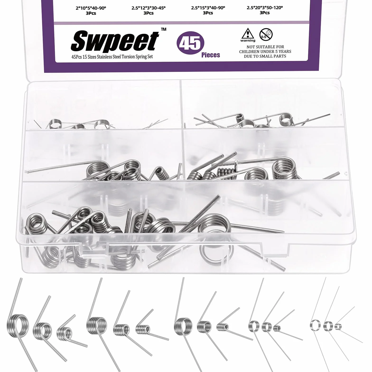 Swpeet Juego de 45 resortes torsionales de acero inoxidable 45/90/120 grados 15 tamaños