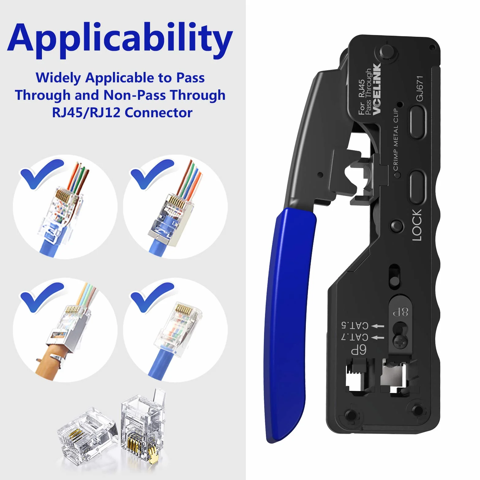 VCELINK GJ671 Kit de Crimpadora RJ45 Profesional Compatible con CAT7/CAT6A/CAT6/CAT5E/CAT5