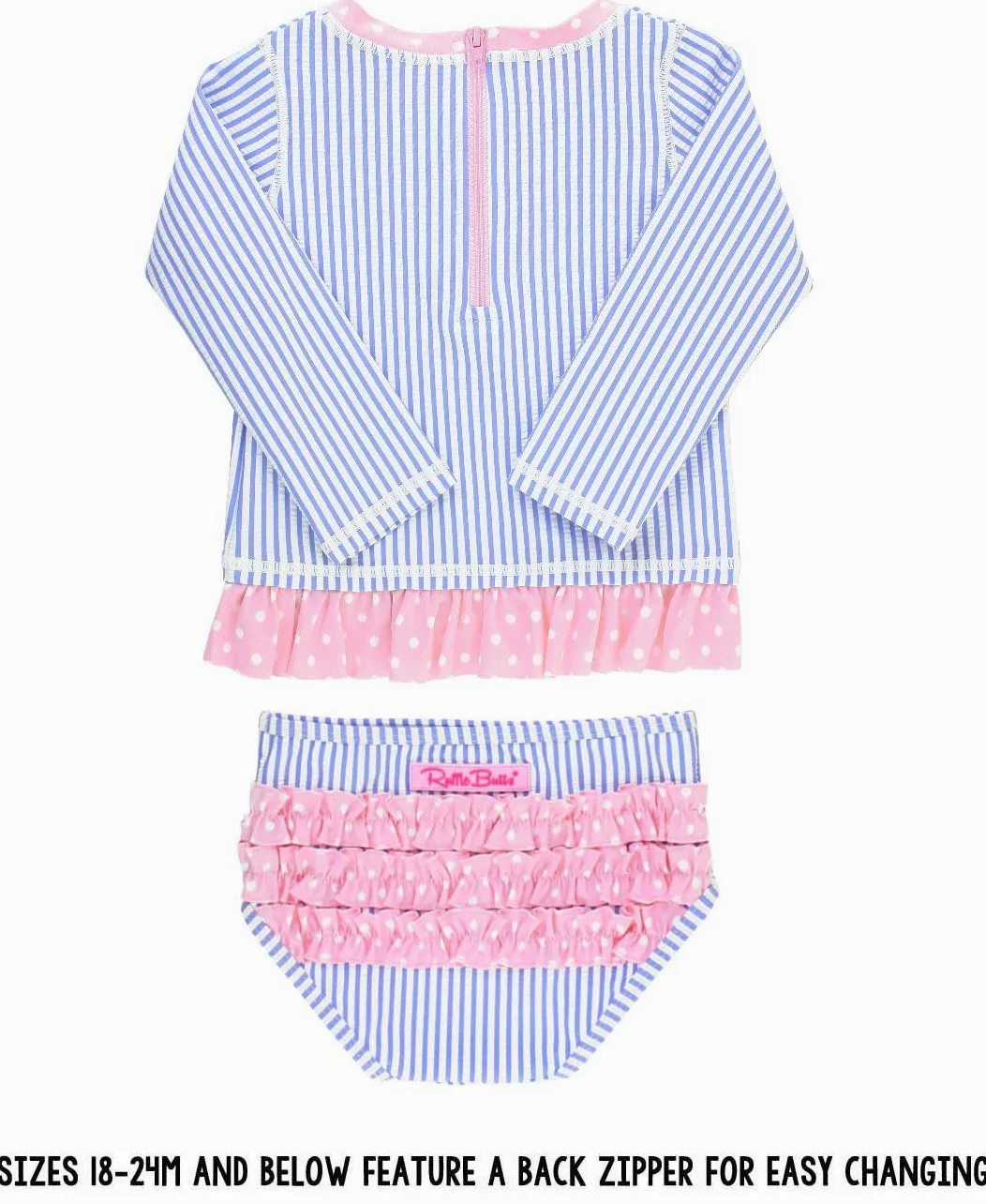 RuffleButts Traje de baño de Manga Larga de Seersucker para niñas pequeñas - Seersucker Rosa, 3-6 Meses