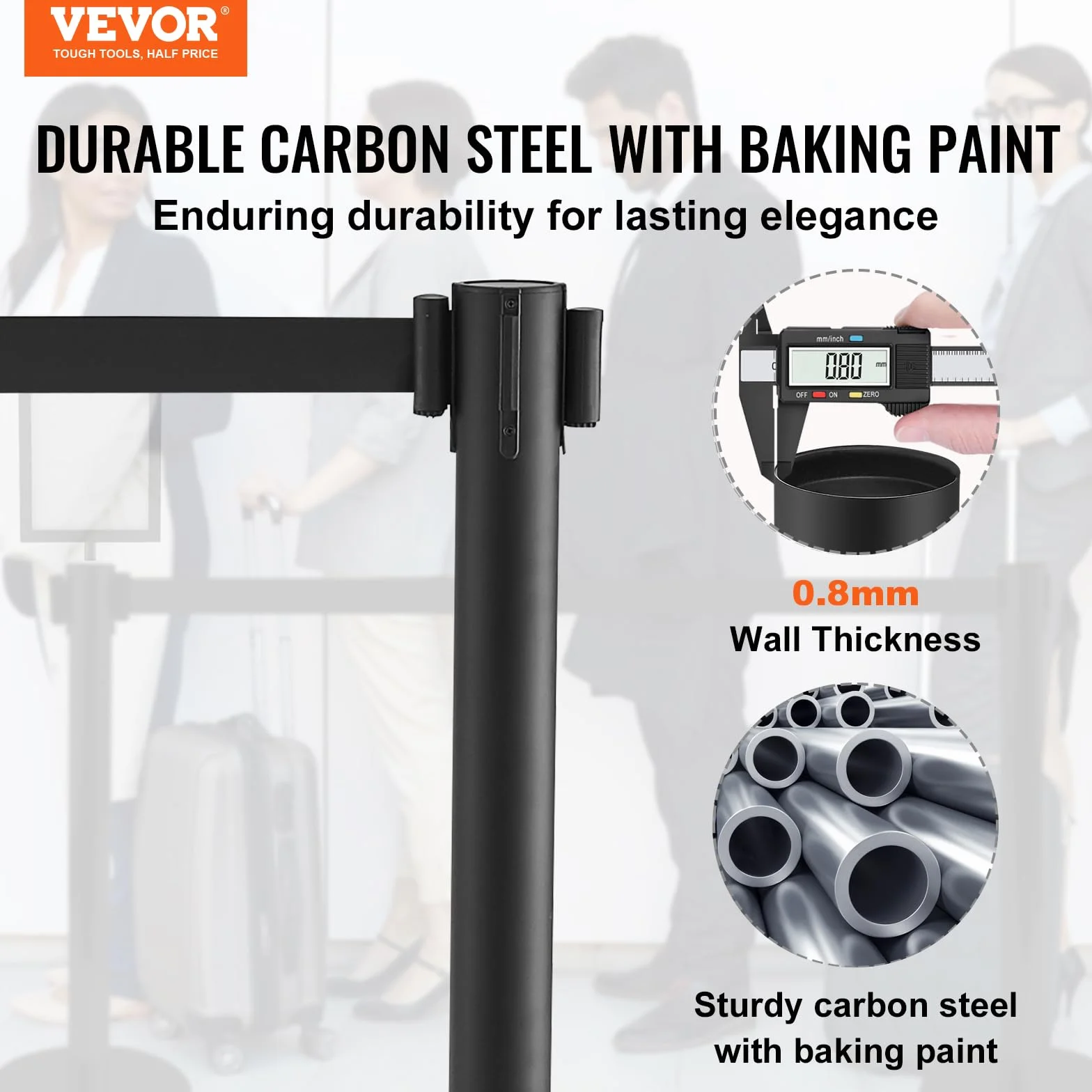 VEVOR Poste Guía 8 Piezas 93 cm Barrera de Marcado Control Multitudes Cinturón Retráctil 200 cm Acero Carbono Negro