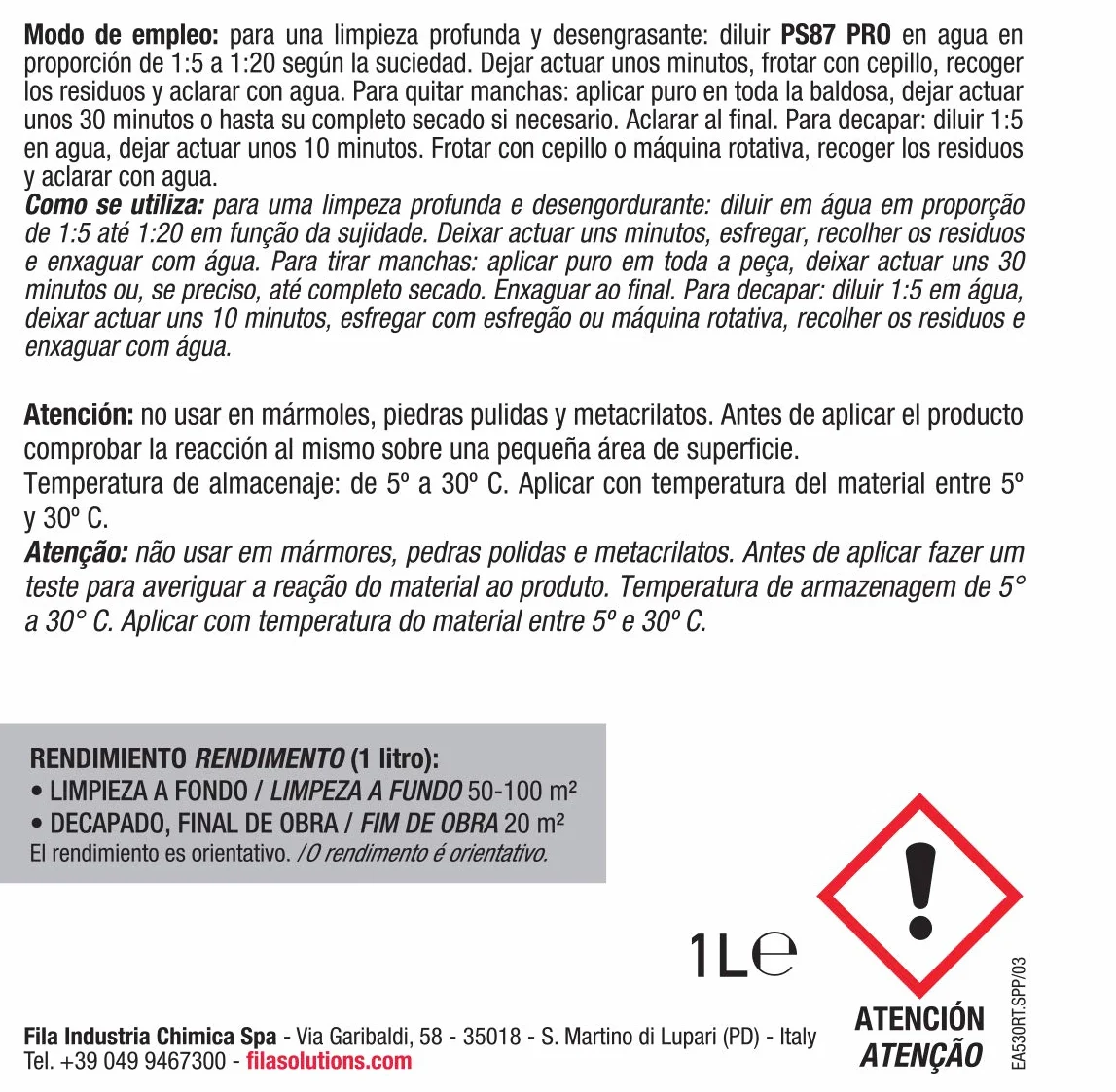 PS87 Pro Detergente Desengrasante Decapante Limpieza Profesional Pavimentos 1L