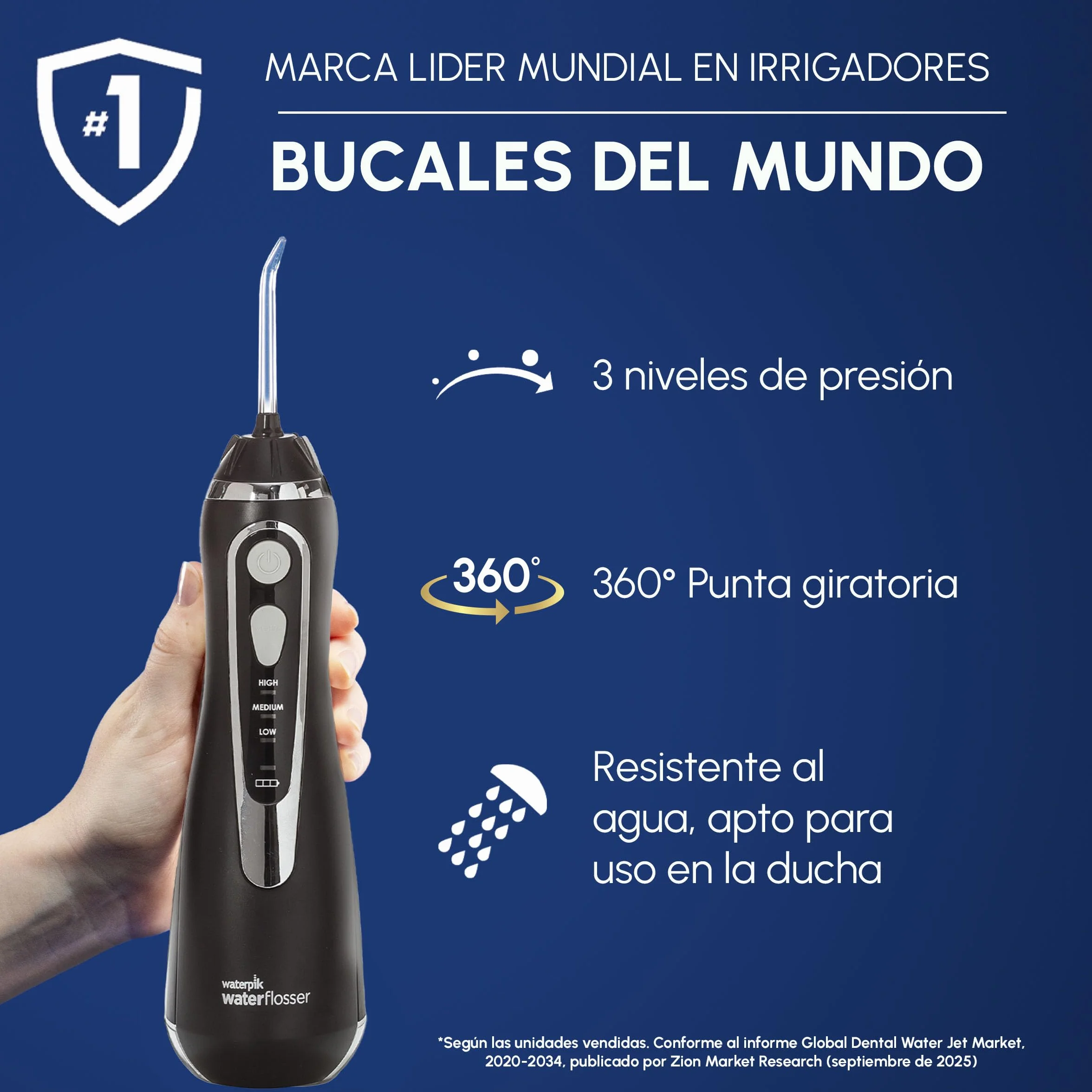 Waterpik Irrigador Dental Eléctrico WP-582EU, 3 Presiones, Cargador USB, Negro