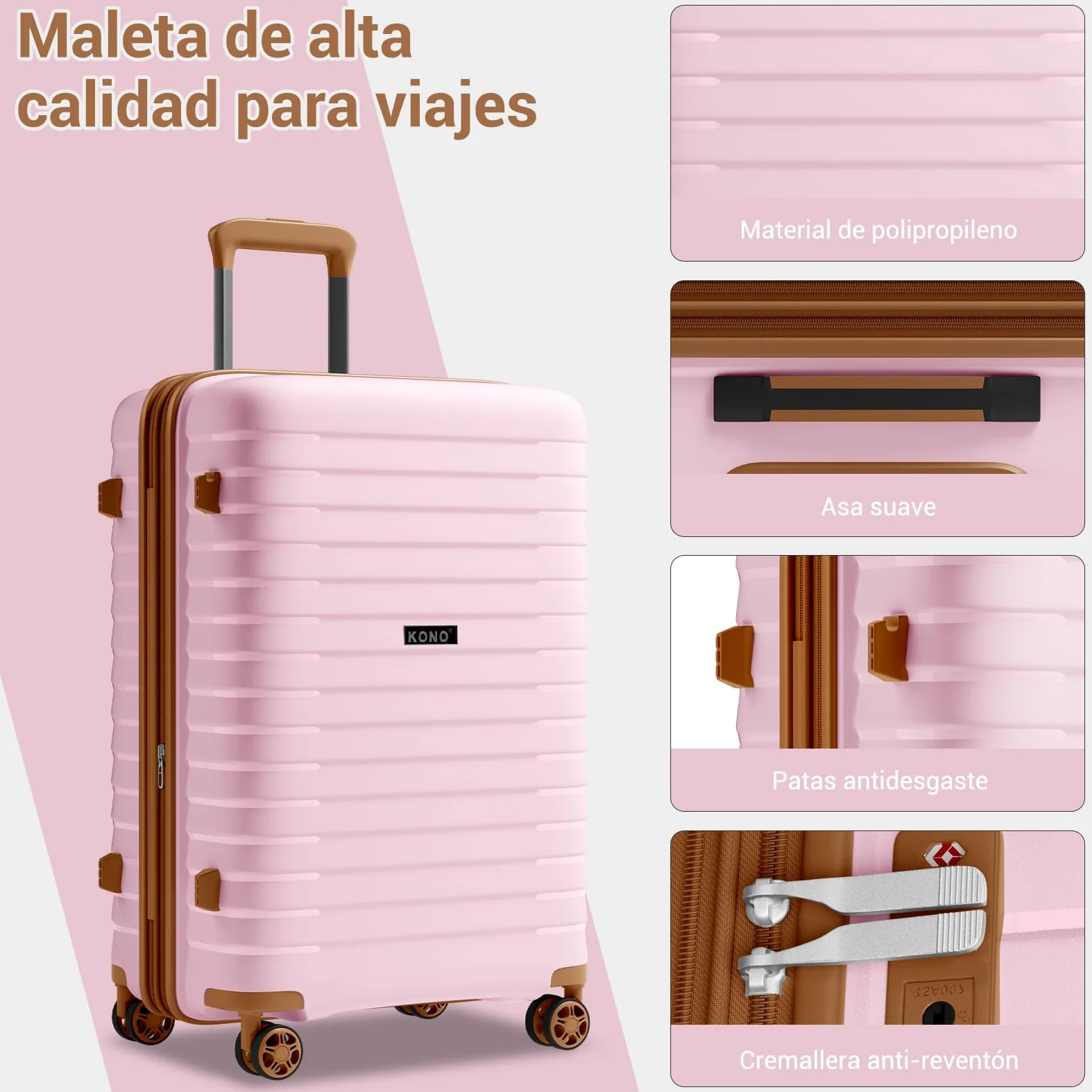 Kono Maletas de Viaje Grandes 23 Kilos, Maleta Grande de PP Extensible | Cremallera Antirrotura de Doble Capa, Portavasos + Gancho para Equipaje | TSA 007, Ruedas Silenciosas 360° (Rosa)