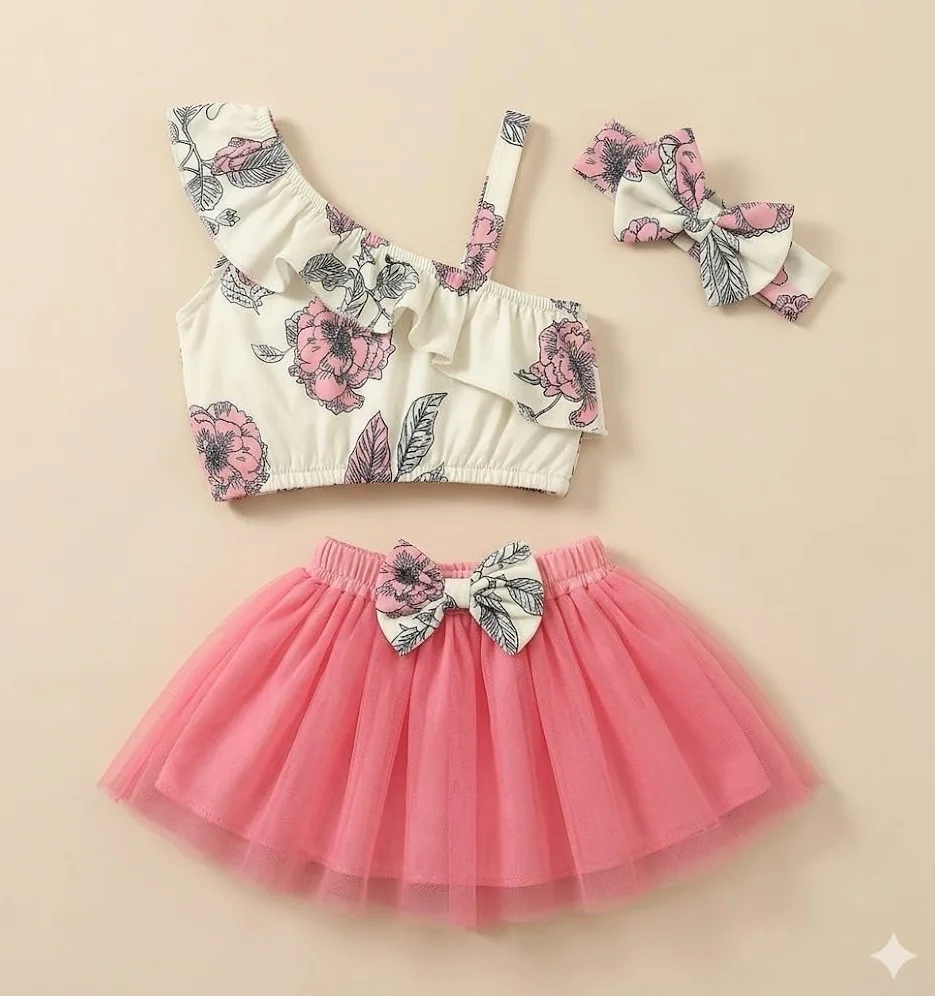 A.T.U.N. (ALL THINGS UBER NICE) Top corto con estampado asimétrico para bebé niña con falda de tutú acampanada y diadema a juego | Elegante conjunto de 3 piezas para niños