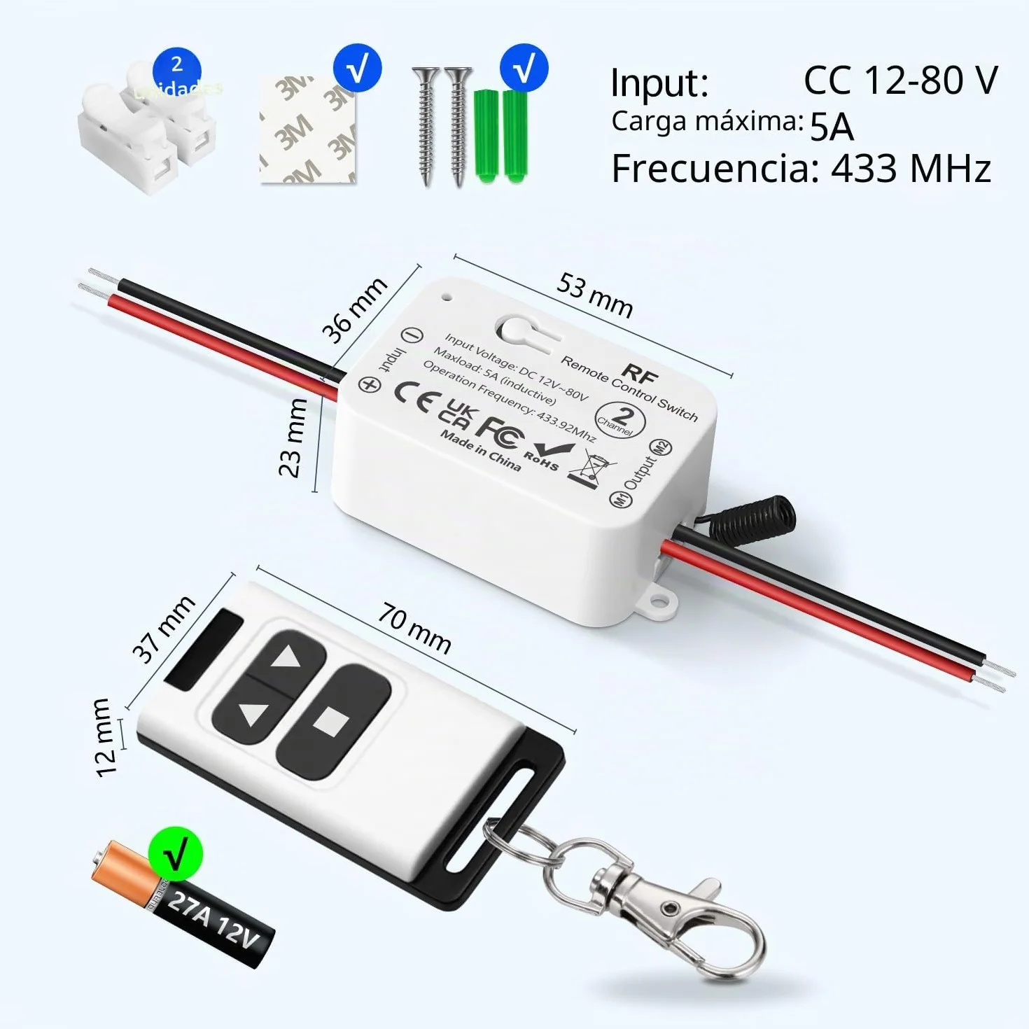 Control Remoto Inalámbrico 12V 24V 48V 80V para Motor DC Actuador Lineal Puertas Garaje Persianas Mando Bidireccional 2 Unidades