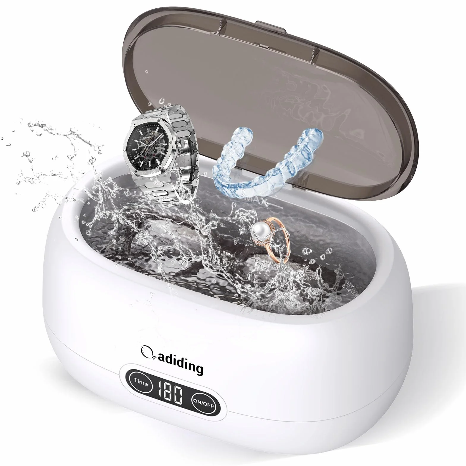 Adiding - Limpiador ultrasónico por ultrasonidos (650 ml, 5 modos de tiempo, 45 kHz, dispositivo ultrasónico para limpieza de gafas, joyas, relojes, dentaduras postizas, monedas)