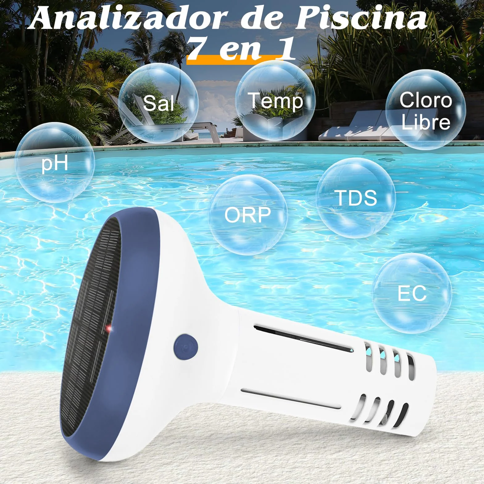Medidor Cloro y pH Piscinas WiFi, Analizador Inteligente 7 en 1 Agua Piscina Salina, Mide pH, Cloro Residual, Sal, ORP, EC TDS, Temp con Carga Solar