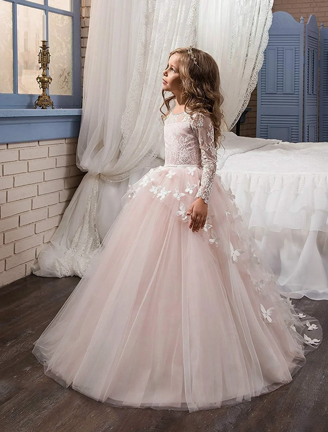 Lindo Vestido de niña de Flores de Encaje de Manga Larga Vestido de Fiesta de Primera comunión Vestido de Mariposa