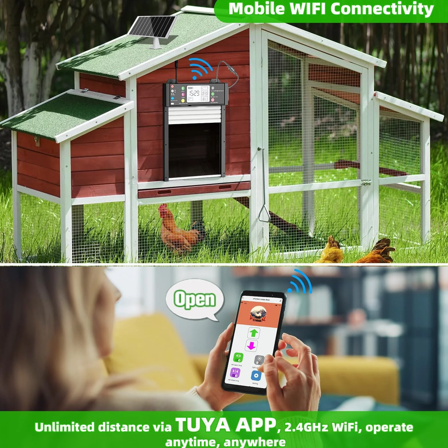 Shinmax Inteligente Puerta Automática Solar para Gallinero con App WiFi 2,4 GHz Sensor Luz Temporizador Antipinzamiento Pantalla LCD Batería 4000mAh
