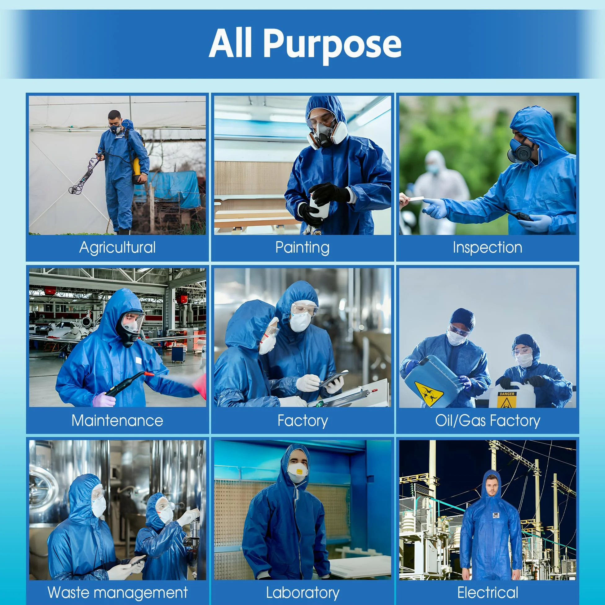ATERET Overol desechable I paquete de 5, traje protector azul, ignífugo, traje de cuerpo completo con capucha adjunta para aceite y gas, Azul, XX-Large