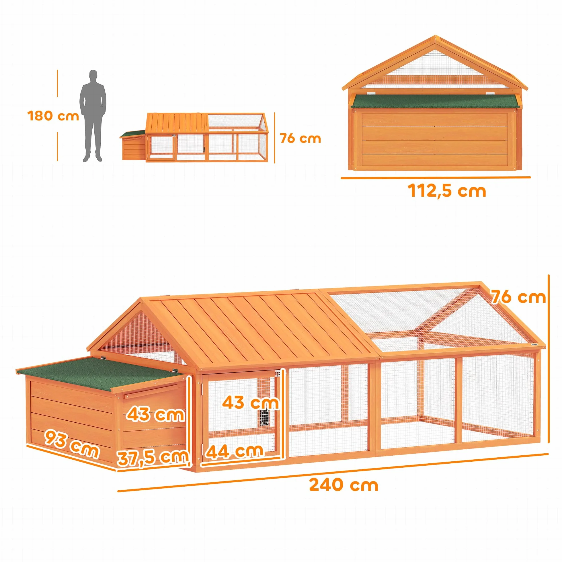PawHut Gallinero Exterior Madera 240x112,5x76 cm Techo Abatible Corral Puertas Cerradura Nido Gallinas