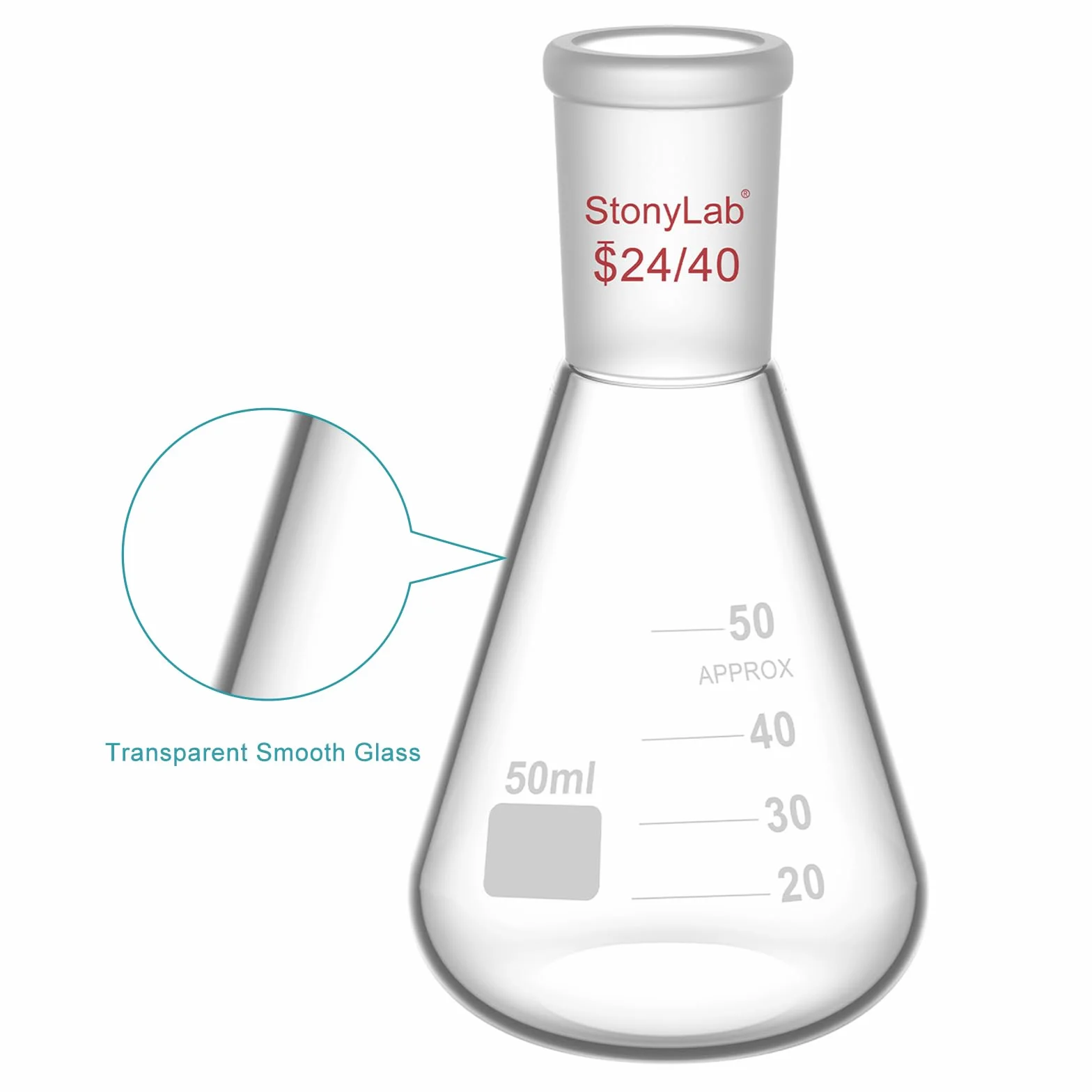 Matraz Erlenmeyer de Cristal 24/40 50ml, Frasco de Laboratorio de Vidrio de Borosilicato de Pared Gruesa