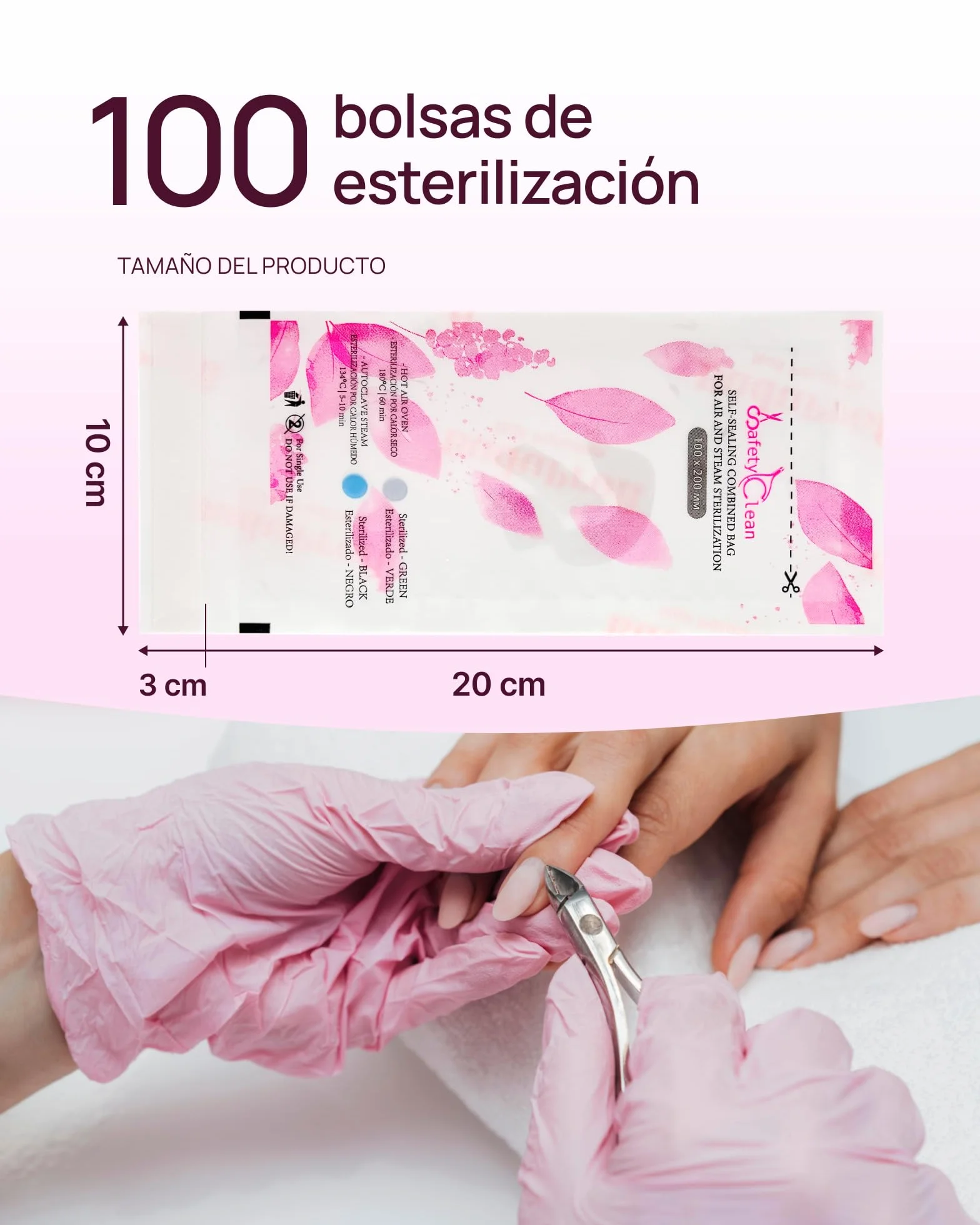 Safety Clean Bolsas de Esterilización Transparentes Indicador Autoclave Manicura Pedicura