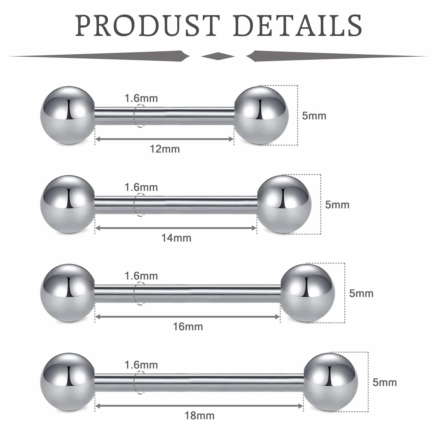 FECTAS 5 unids 14 G Acero quirúrgico pezón Piercing Lengua Bar Set Body Piercing Joyería 12/14/16/18mm