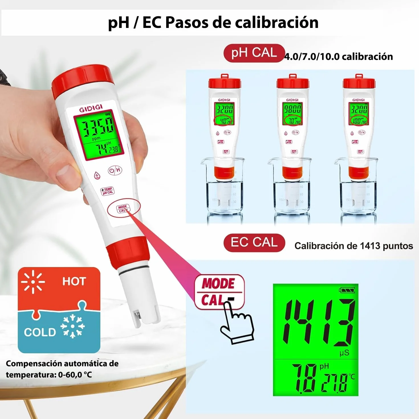 Medidor TDS pH EC 4 en 1 ph-metro para agua potable hidroponía acuario