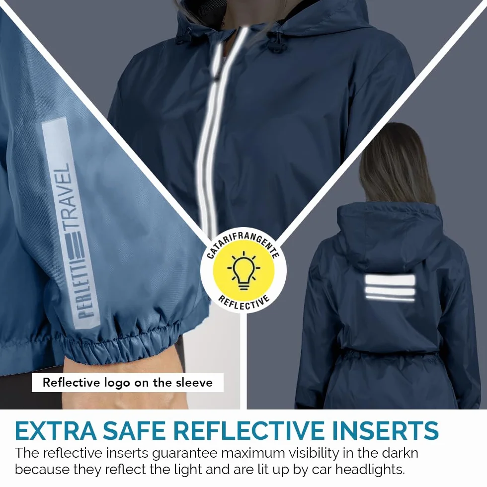 PERLETTI Chubasquero Mujer Cortaviento Ligero con Cremallera - Impermeable Mujer con Capucha Detalles Reflectantes - Chaqueta Trench Deporte Transpirable Waterproof Reutilizable Mujeres