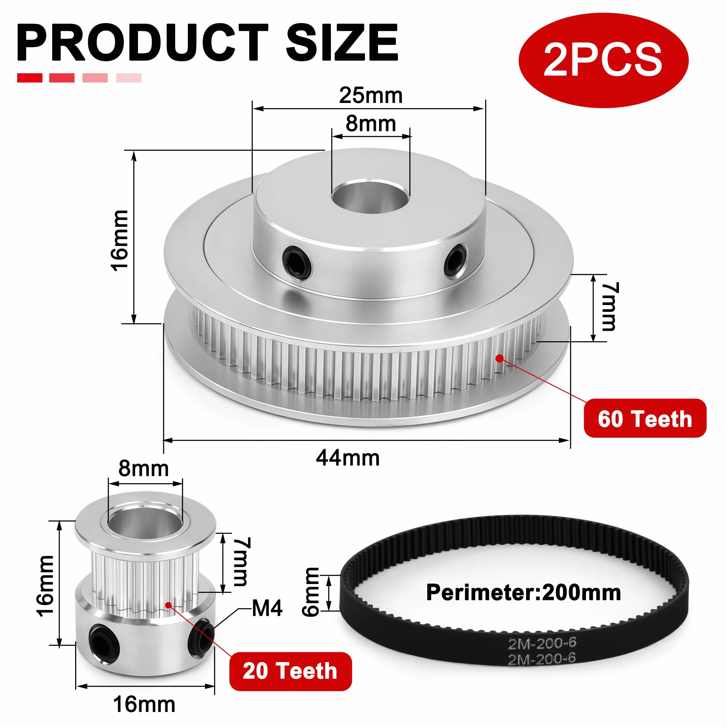 Polea Sincronización GT2 20 & 60 Dientes 5mm Aluminio Correa 200x6mm para Impresora 3D