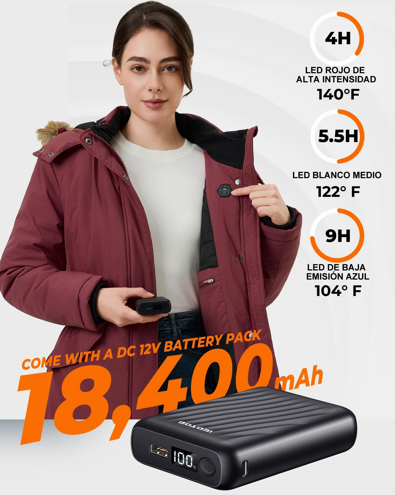 Chaqueta Calefactable Mujer Con Batería De 12V 18400 Mah, 8 Zonas De Calentamiento con 3 Niveles de Temperatura, Chaqueta Cortaviento y Cálido de invierno con Capucha de ExtraíBle,Rojo,S