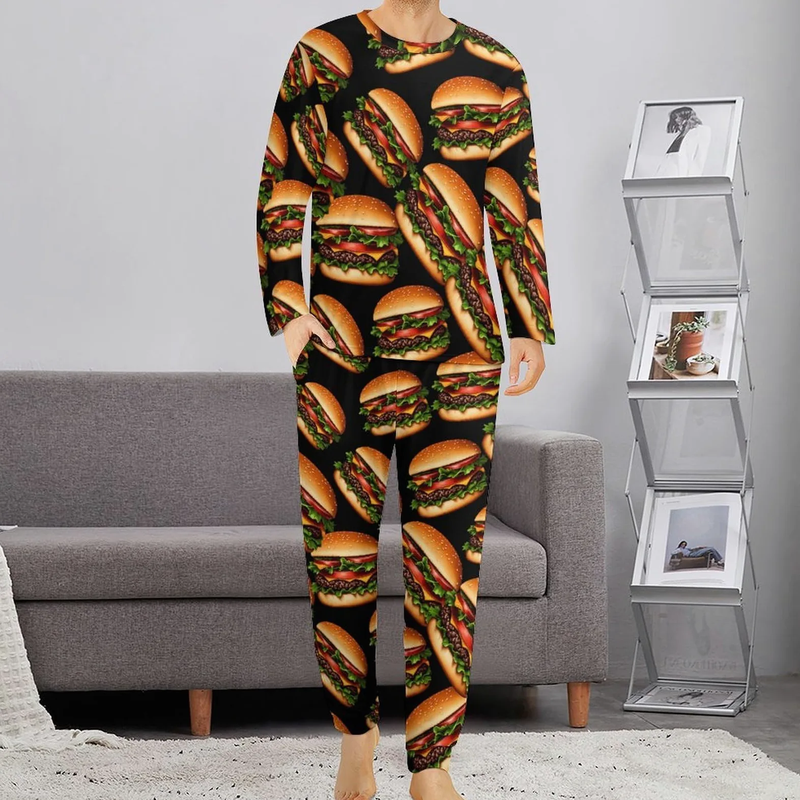 Hamburger - Conjunto de pijama para hombre, cuello redondo, ropa de dormir larga, 2 piezas