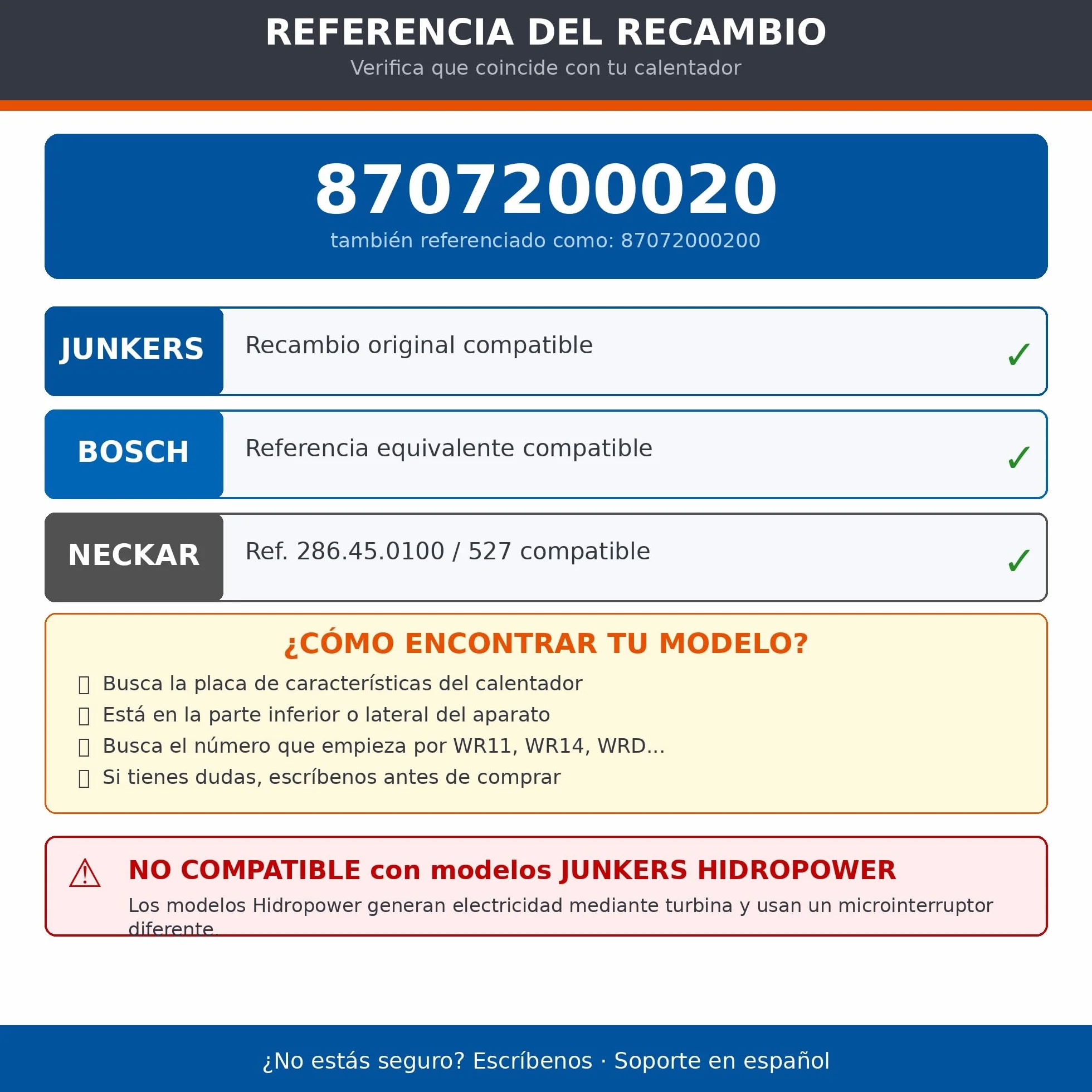 Microinterruptor Calentador Junkers Compatible Recambio MINIMAXX WR11 WR14 WRD11 WRD14 Bosch Neckar