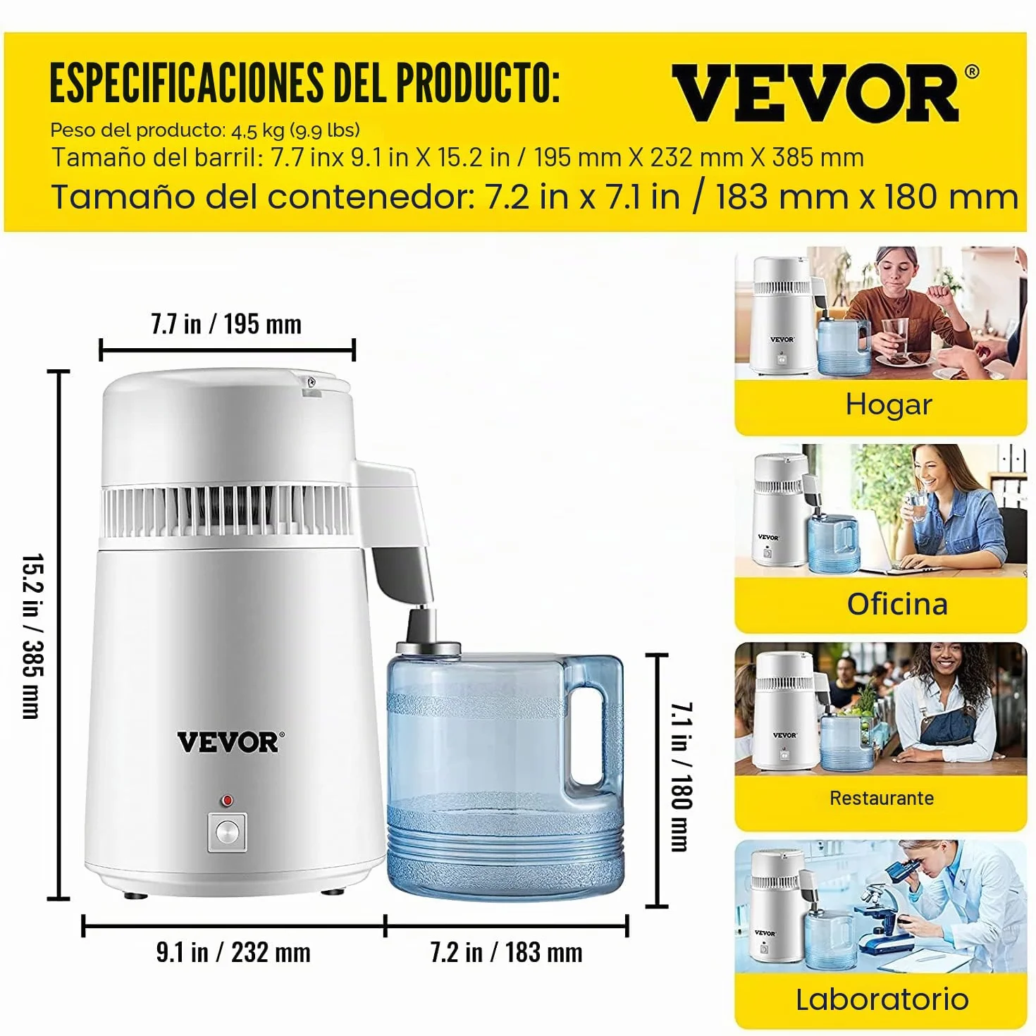 VEVOR Destilador de Agua 4L Acero Inoxidable Purificador Filtros Destilación