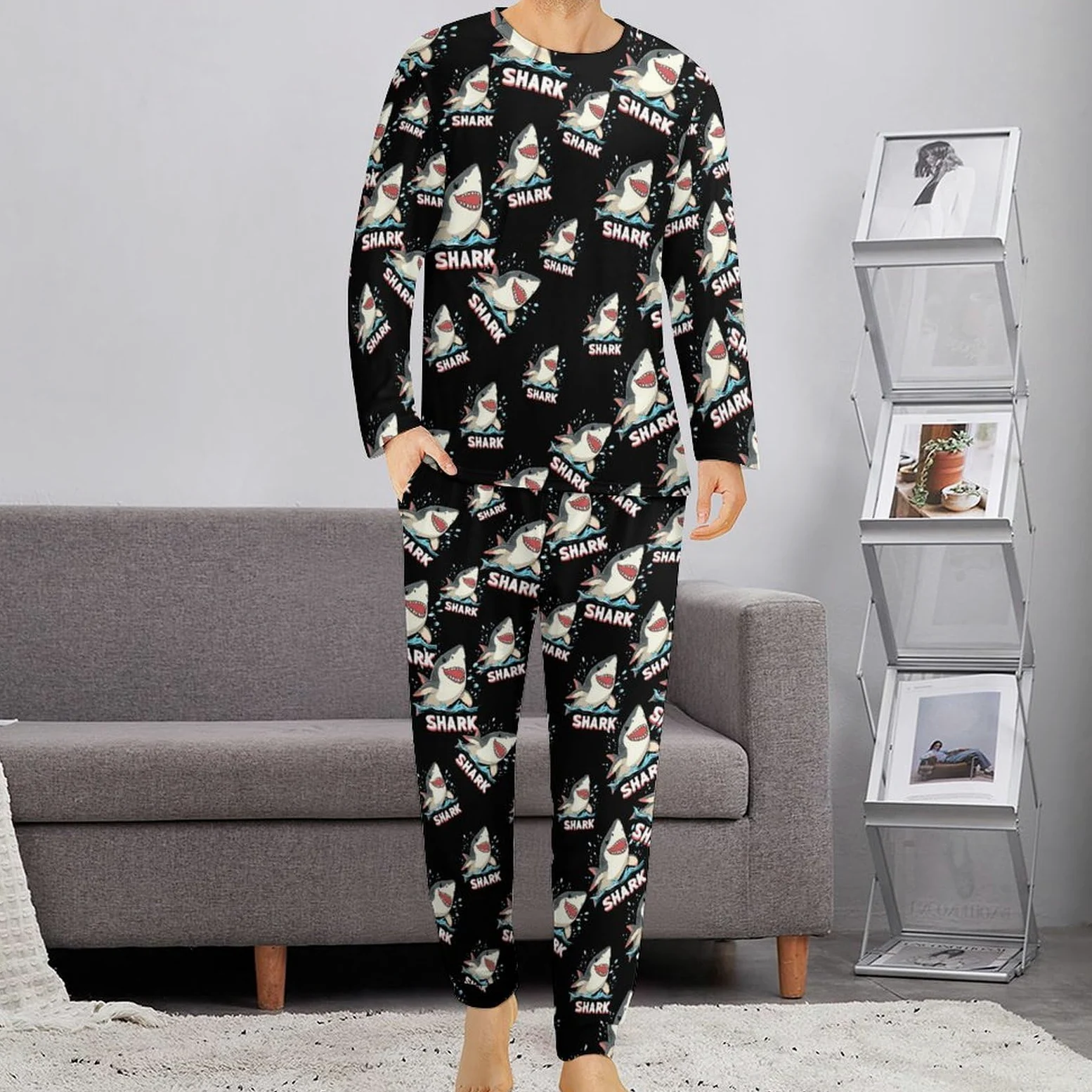 Shark - Conjunto de pijama para hombre, cuello redondo, ropa de dormir larga, 2 piezas