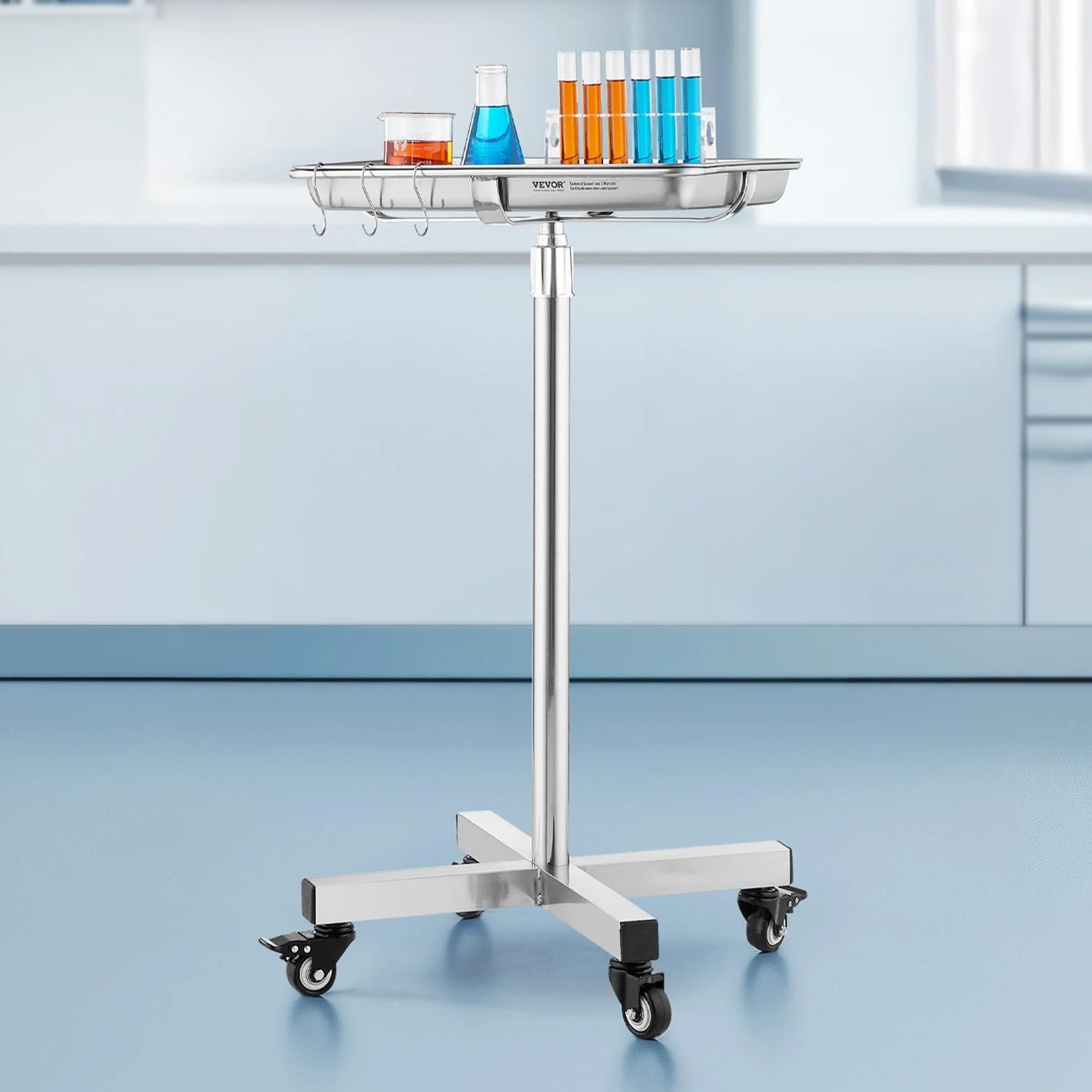 VEVOR Carro de Laboratorio Acero Inoxidable 16 kg Altura Ajustable 84-132,5 cm Bandeja Médica Extraíble