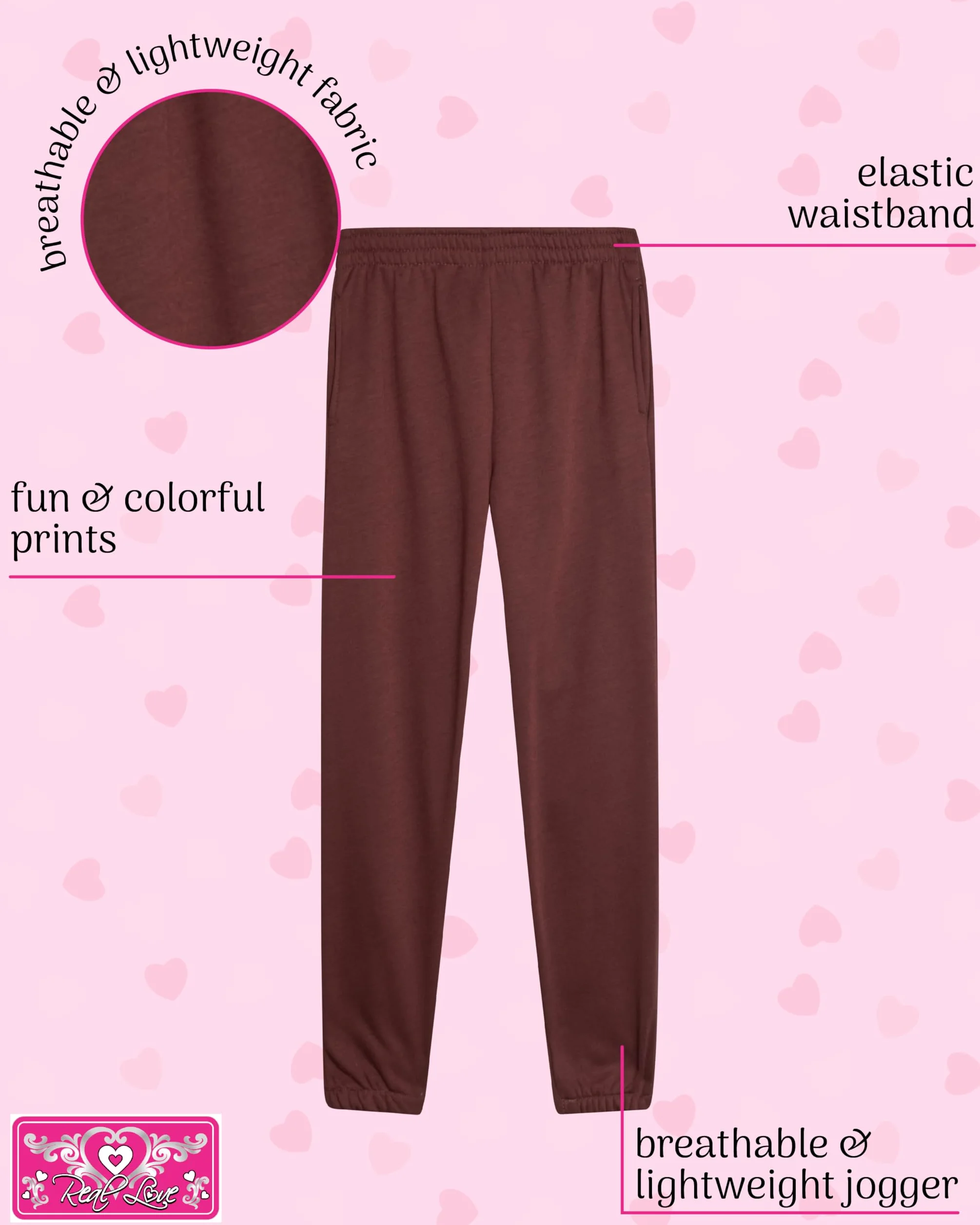 Real Love Pantalones deportivos para niñas, paquete de 4 unidades, básicos, sólidos, activos, suaves, de forro polar, con bolsillos, para niñas (tallas: 5-16)