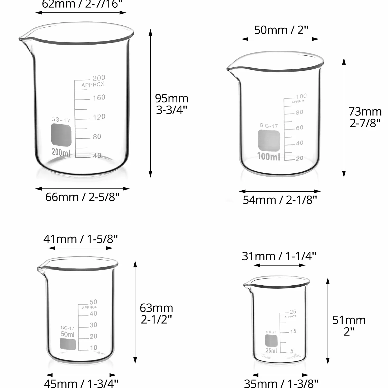 QWORK Vaso de Precipitados Graduado 25ml 50ml 100ml 200ml, Vidrio Borosilicato 3.3 para Laboratorio