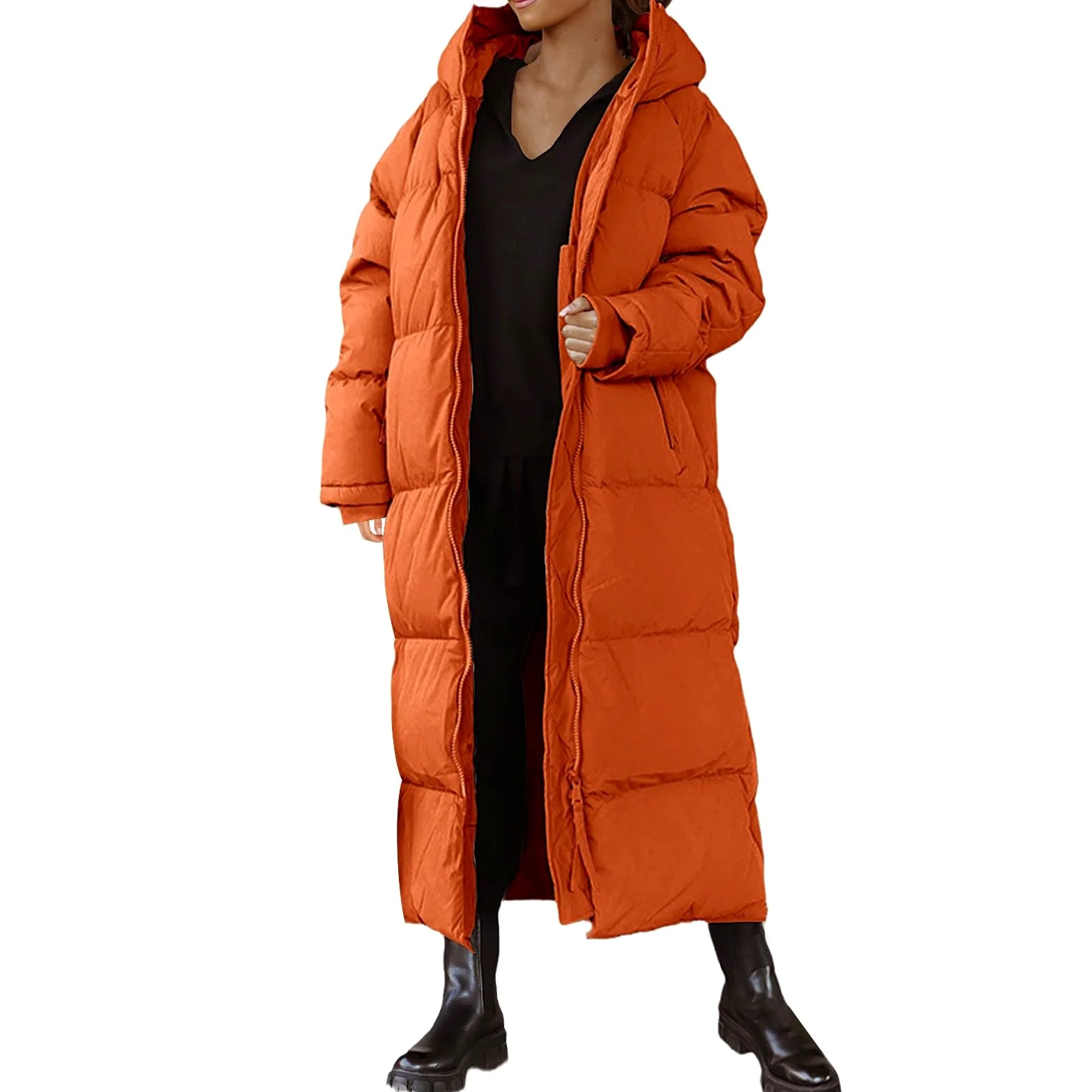 Abrigo largo de entretiempo para mujer, abrigo de invierno, chaqueta de entrenamiento con capucha, aspecto de plumón, abrigo acolchado con capucha, abrigo con capucha, monocolor, informal, chaqueta