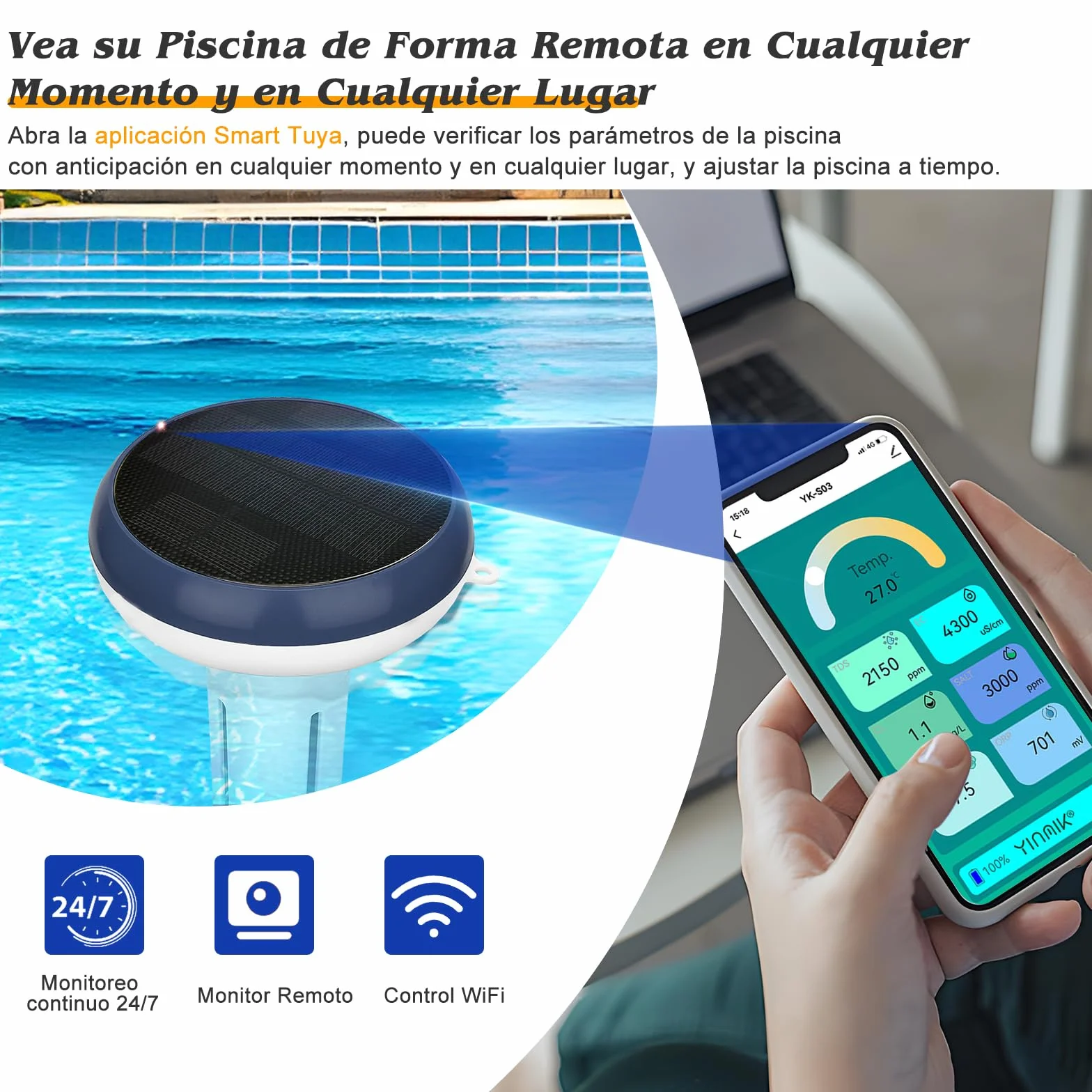 Medidor Cloro y pH Piscinas WiFi, Analizador Inteligente 7 en 1 Agua Piscina Salina, Mide pH, Cloro Residual, Sal, ORP, EC TDS, Temp con Carga Solar