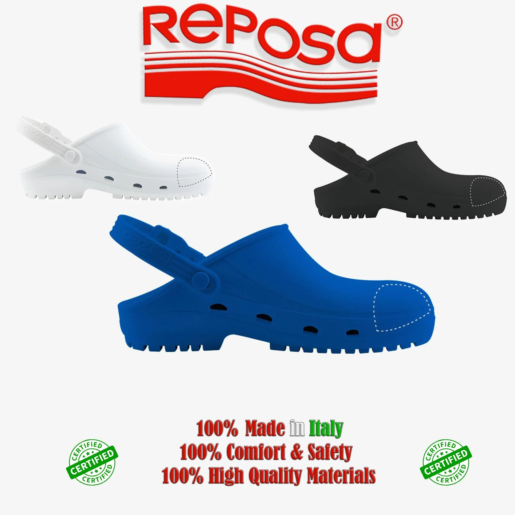 REPOSA Safe - Zuecos Sanitarios Mujer y Hombre en Goma, Zapatos Sanitarios Anatómicos con Correa Trasera Ajustable, Suela Antideslizante, Puntera de Seguridad, Zuecos Enfermera Antishock Transpirables