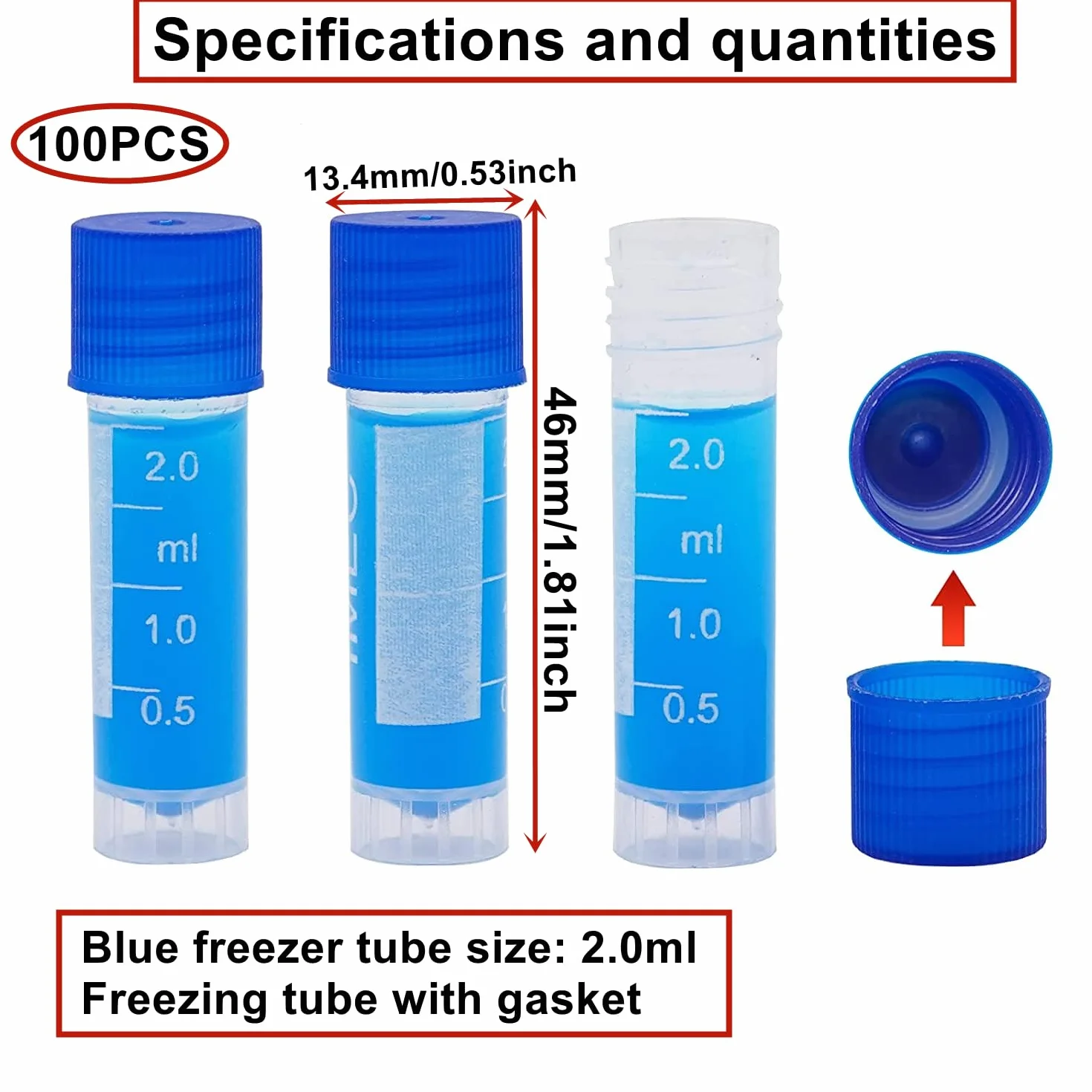 HUAZIZ 100 Piezas 2 Ml Tubos de Ensayo Plástico, Tubo Criogénico, Vial con Tapa de Tornillo Azul para Laboratorio