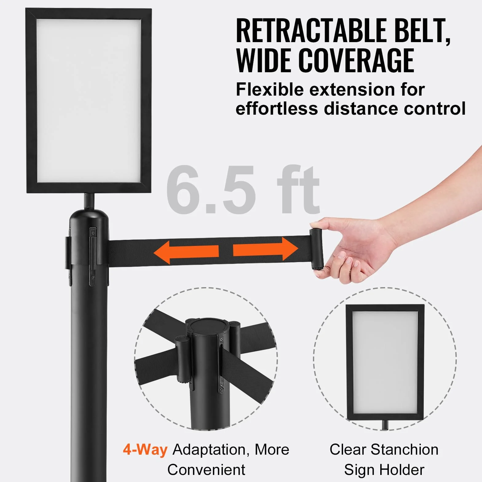 VEVOR Poste Guía 8 Piezas 93 cm Barrera de Marcado Control Multitudes Cinturón Retráctil 200 cm Acero Carbono Negro