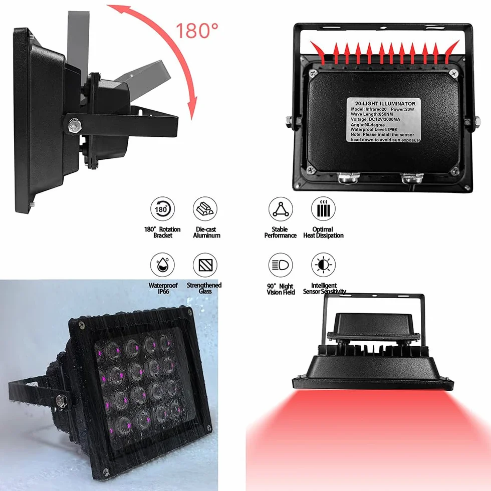 JC IR Illuminator 20-Led luz infrarroja gran angular 90° adaptador corriente CCTV cámaras IP