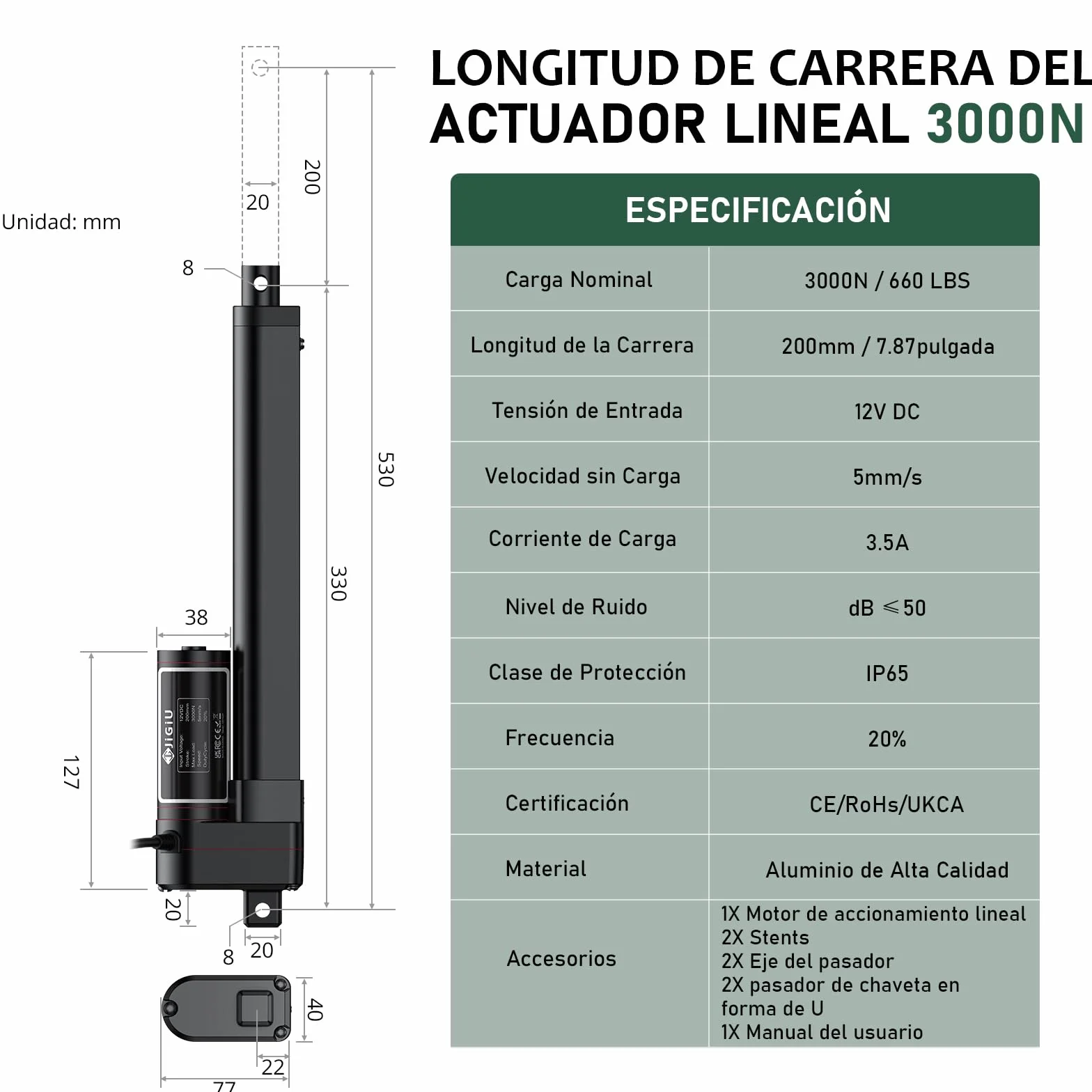 JiGiU 200mm 12V Actuador Lineal 660lbs 3000N 5mm/s IP65