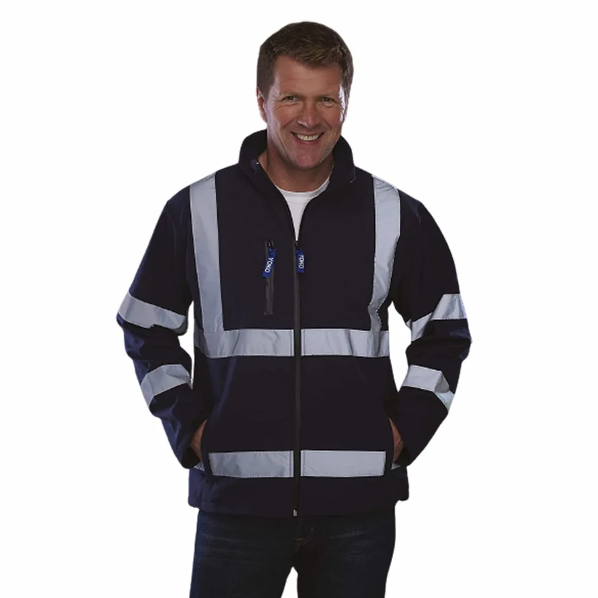 Yoko - Chaqueta reflectante de trabajo Softshell para hombre (Paquete de 2) (2XL) (Amarillo/Azul Marino fluorescente)