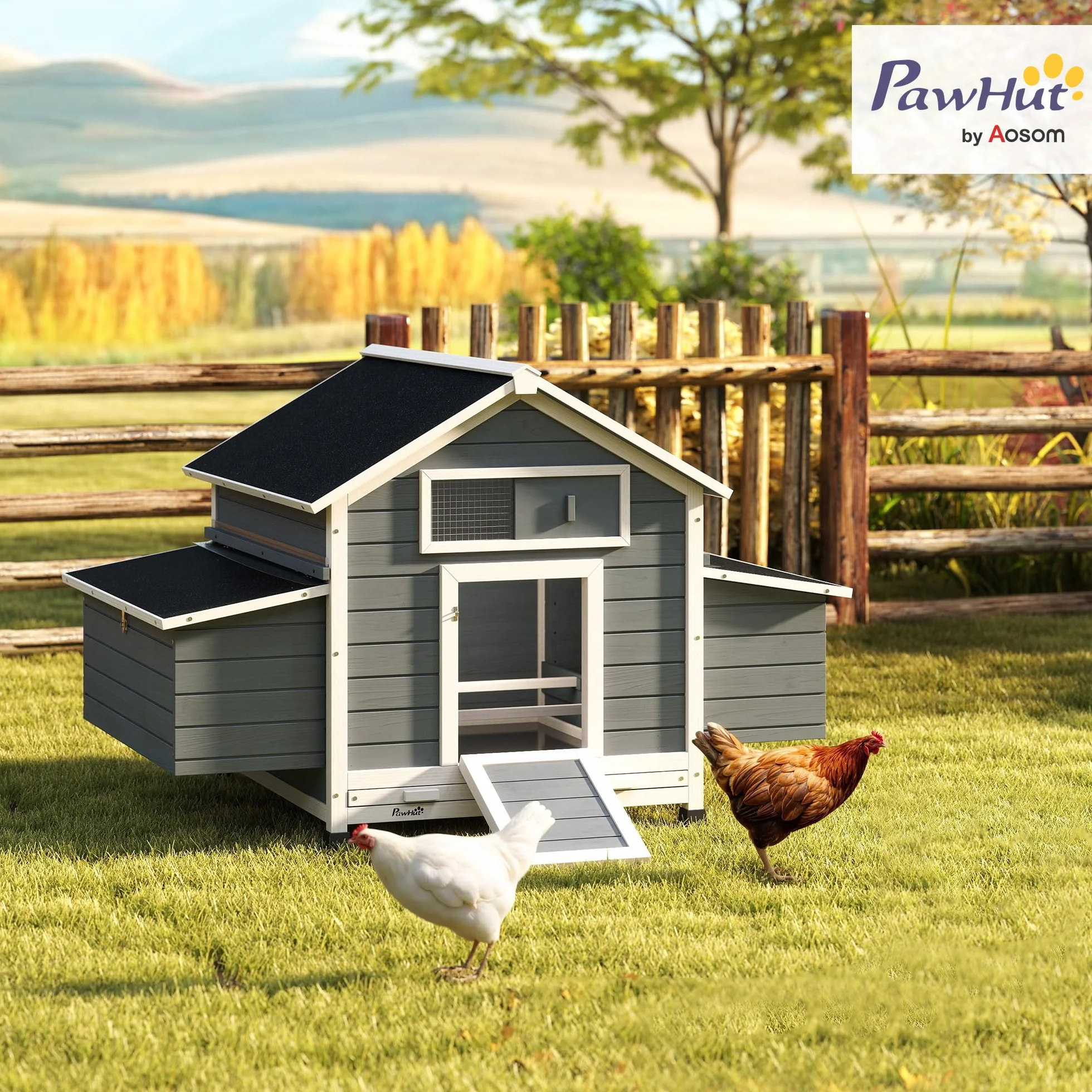 PawHut Gallinero de Madera para Exterior, 2 Nidos, Bandeja Extraíble, Perchas, Techo Impermeable, 150x100x96,5 cm, Gris