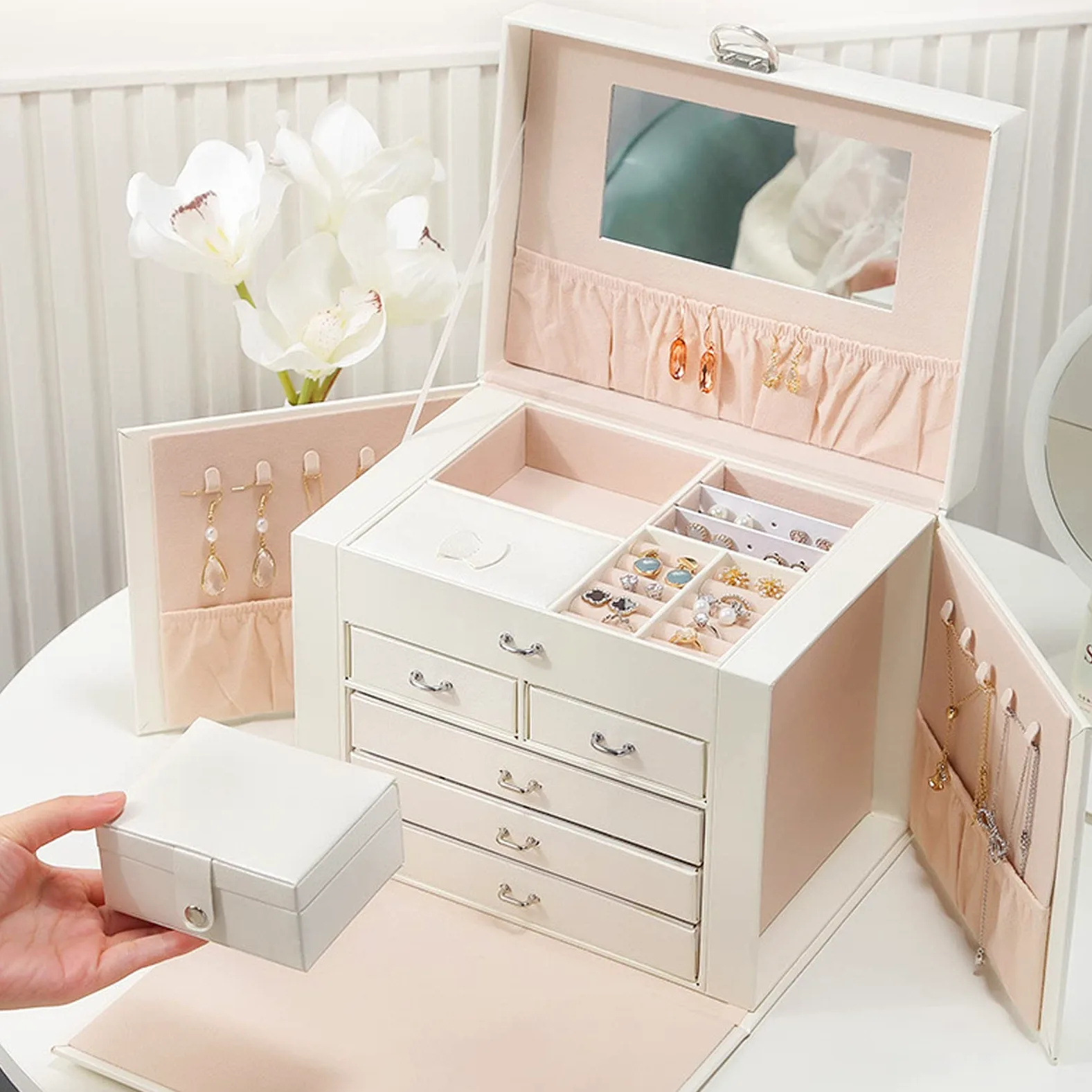 Joyero de Cuero Sintético | Capas múltiples de gran capacidad con espejo, para organizador de accesorios para el hogar para mujeres
