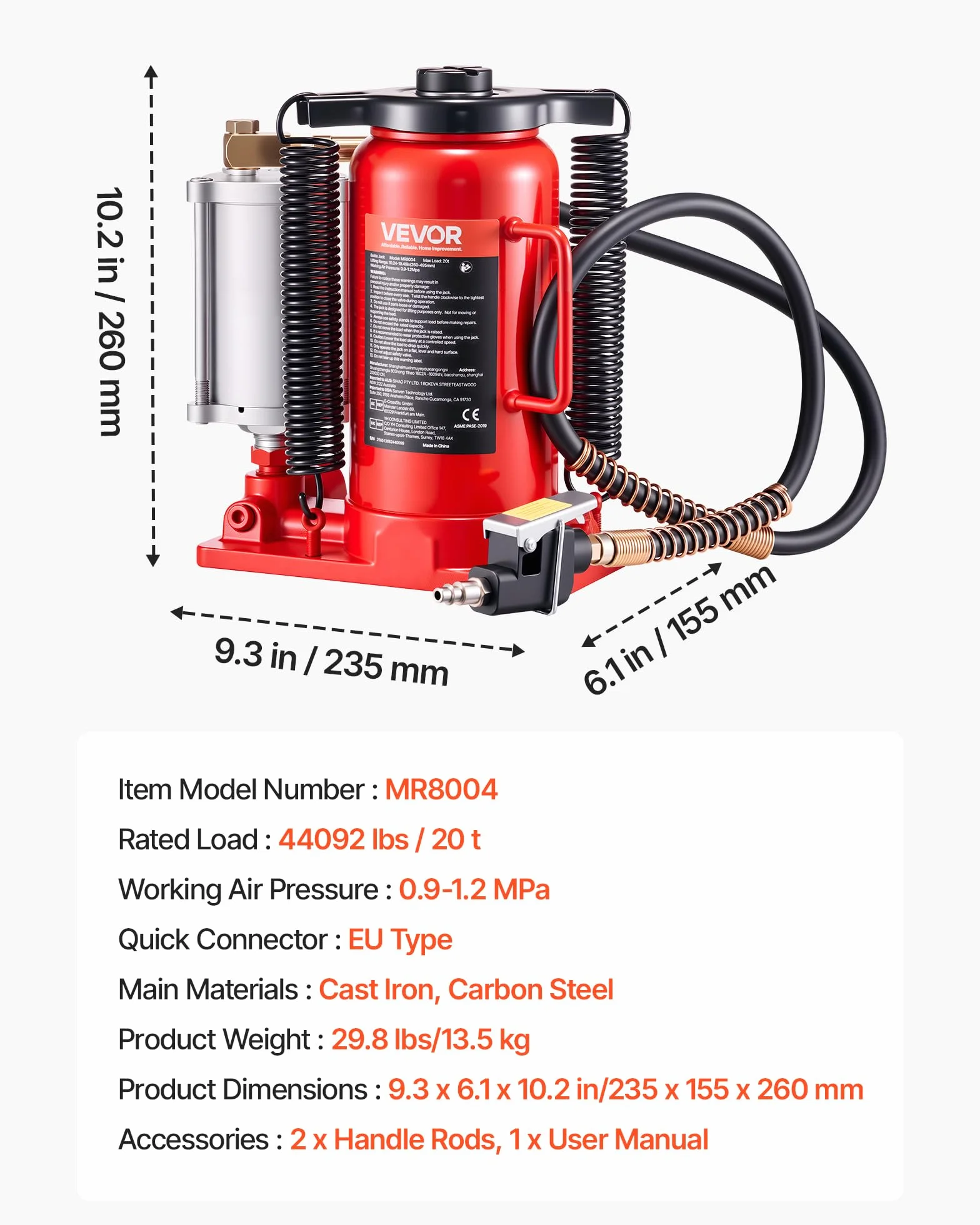 VEVOR Gato Hidráulico de Botella 20 T Rango de Elevación 260-495 mm Resistente Rojo